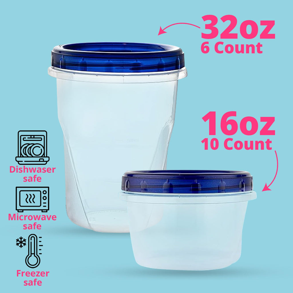 Plastic Food Deli Containers With Twist Top Lids - (16 Oz) - [5 Pack] - Food Storage Containers Takeout To Go - Microwave, Freezer & Dishwasher Safe BPA-Free