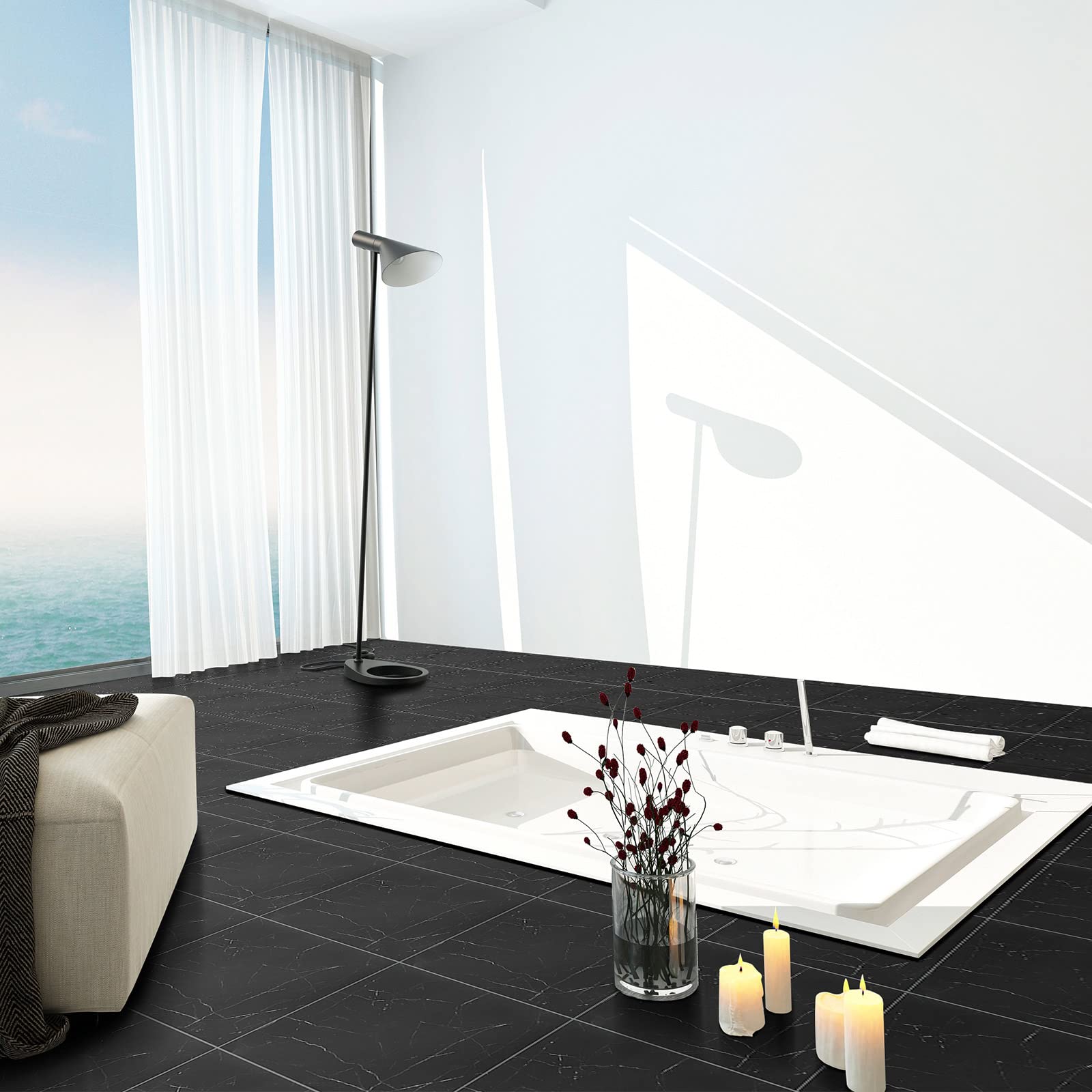 Spiareal 48 Pieces Peel and Stick Floor Tiles Vinyl Flooring 12 x 12 Inch Stick on Floor Tile Self Adhesive Waterproof DIY for Bathroom Kitchen Bedroom Living Room(Black Marble)