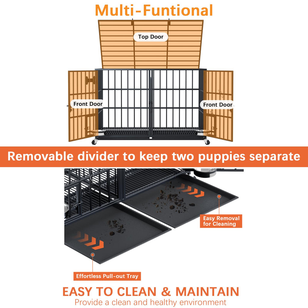 Dosker 42 inch Heavy Duty Metal Dog Crate with Divider for 2 Dogs/Large Dog, All Metal Open Top Escape Proof Cage, Indoor Dog Kennel with Wheels, Floor Grid, Tray, Feeding Bowl