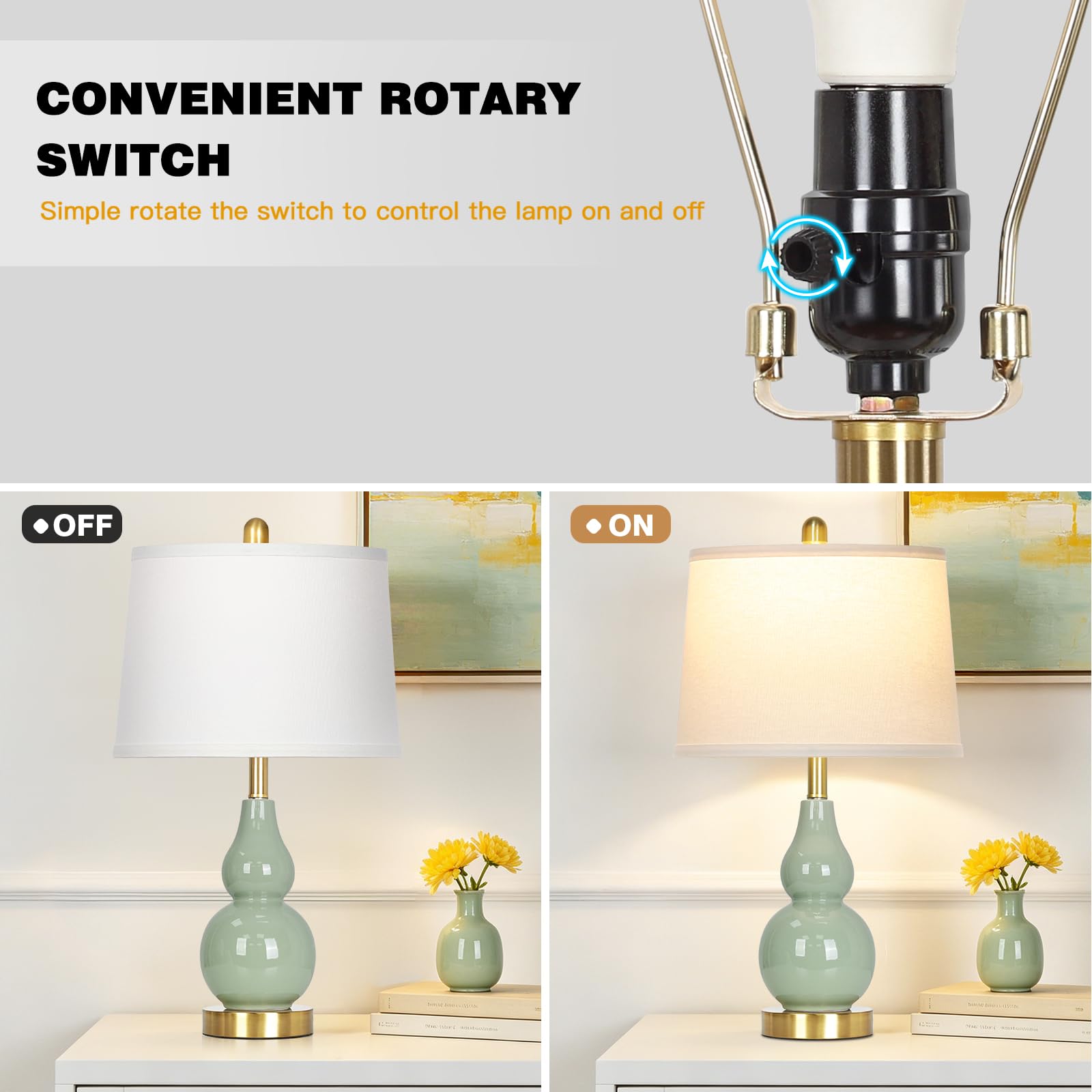 Rinweey Double Gourd Ceramic Table Lamps Set of 2, Modern Blue Bedside Lamps for Night Stand, Contemporary Nightstand Lamps for Bedroom Living Room (Bulb Included)