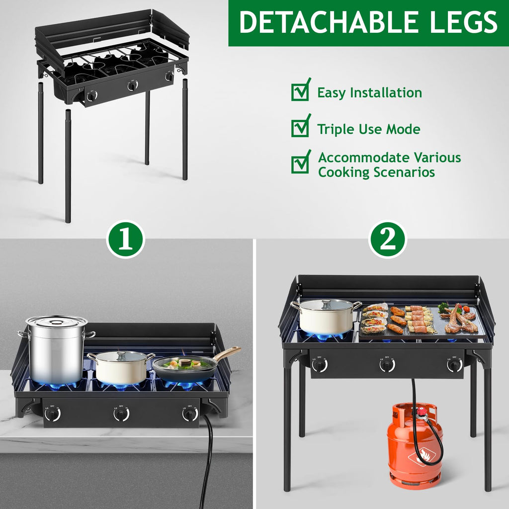 Outvita 2 Burner Propane Gas Stove for Outdoor Cooking, 150,000 BTU Camping Cooker with Removable Legs, Temperature Control Knobs for Backyard Cooking, BBQ, Baking and Frying