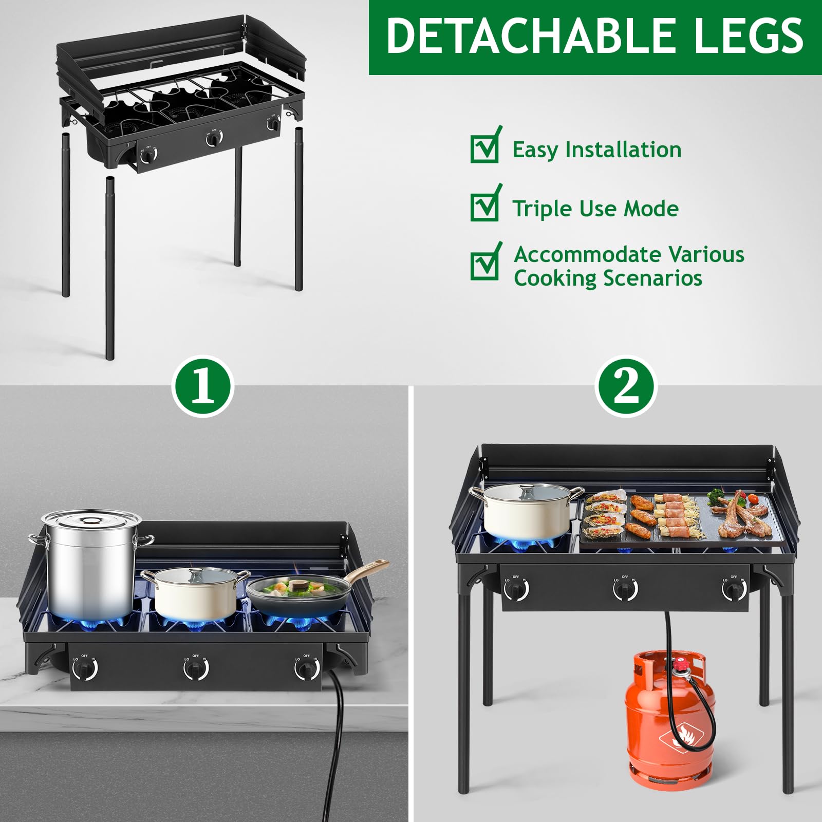 Outvita 2 Burner Propane Gas Stove for Outdoor Cooking, 150,000 BTU Camping Cooker with Removable Legs, Temperature Control Knobs for Backyard Cooking, BBQ, Baking and Frying