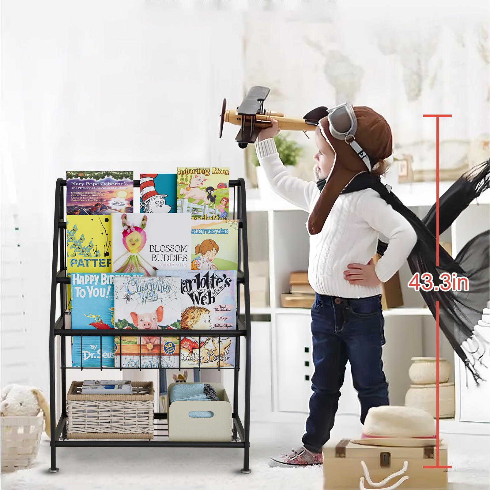 aboxoo Metal Kids Bookshelf Black Large Freestanding for Children Room 32 in Toy Organizer Large Stable Bookcase Bookstore Library Book Unit Storage Kids Bed Living Room