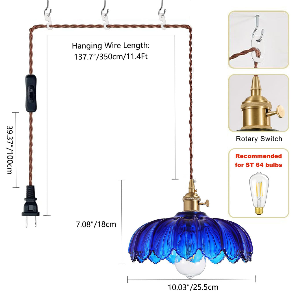 XZHGCEE Plug in Pendant Light: Amber Hanging Lamp Plug in Pendant Lamp, Glass Pendant Lighting for Kitchen Island, Bedroom, Dining Room, Living Room, No Bulb