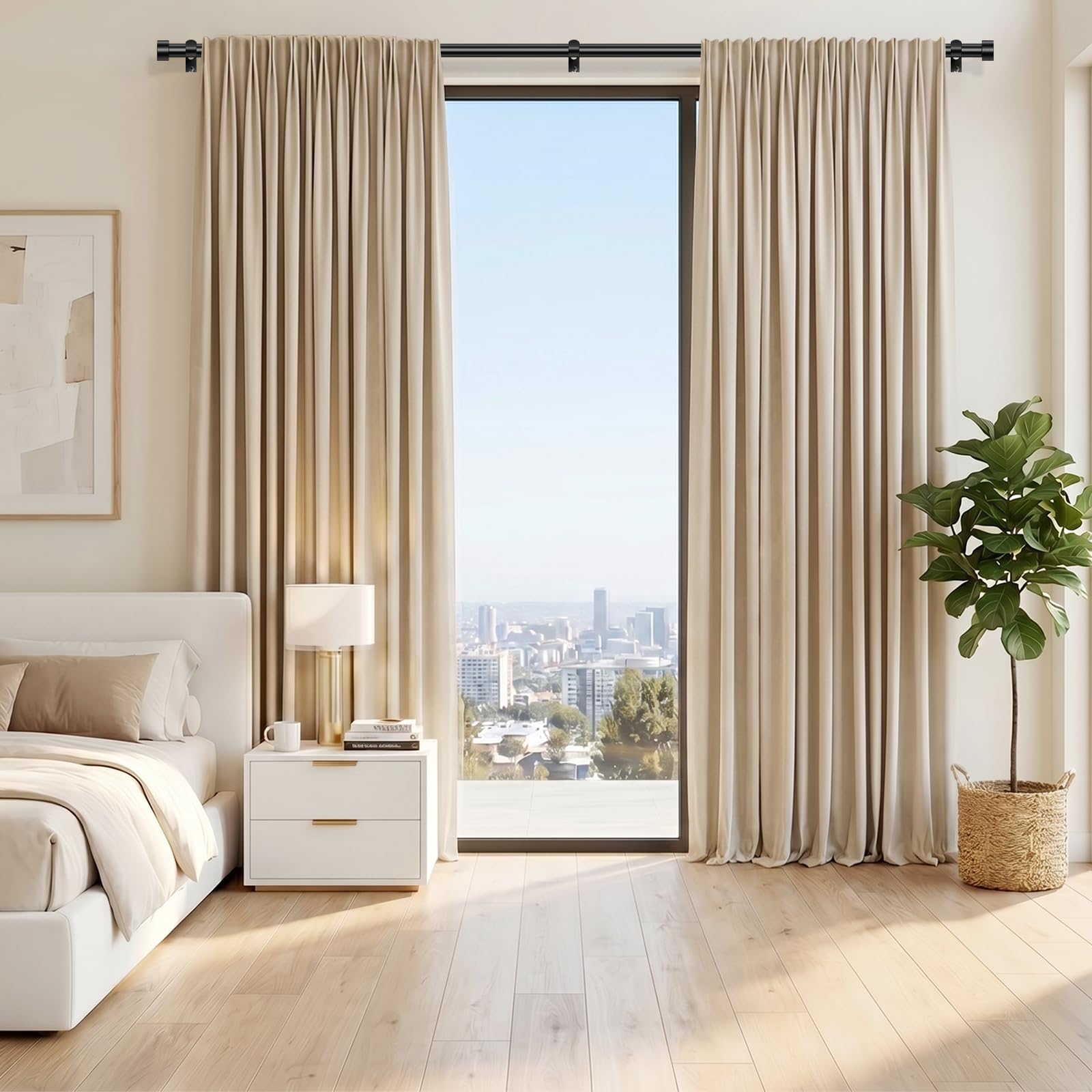 OLV Black Curtain Rod 36 to 45 Inch, 1 Inch Adjustable Modern Curtain Rods for Windows, Decorative Heavy Duty Window Treatment Rods with End Cap Finials, Telescopic Splicing Drapery Pole, Easy Install