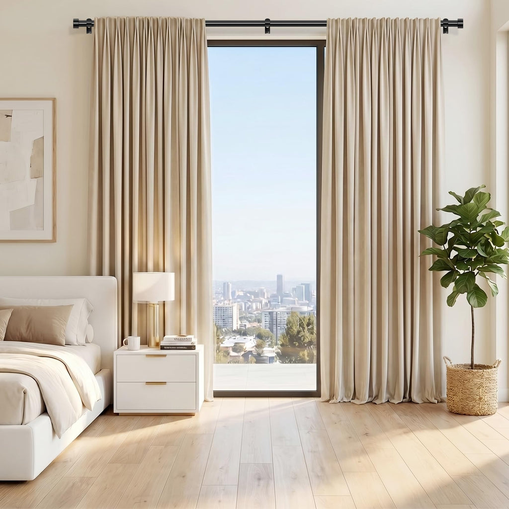 OLV Black Curtain Rod 36 to 45 Inch, 1 Inch Adjustable Modern Curtain Rods for Windows, Decorative Heavy Duty Window Treatment Rods with End Cap Finials, Telescopic Splicing Drapery Pole, Easy Install