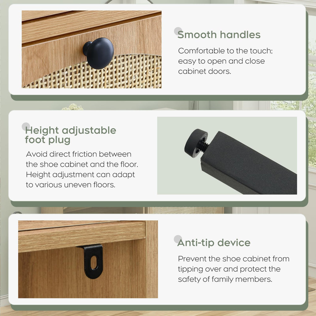 Yechen Shoe Rack Storage Organizer with 2 Natural Semi-Circular Rattan Doors, Entryway Wooden Shoe Cabinet for Sneakers, Leather Shoes, Heels, Slippers (Black)
