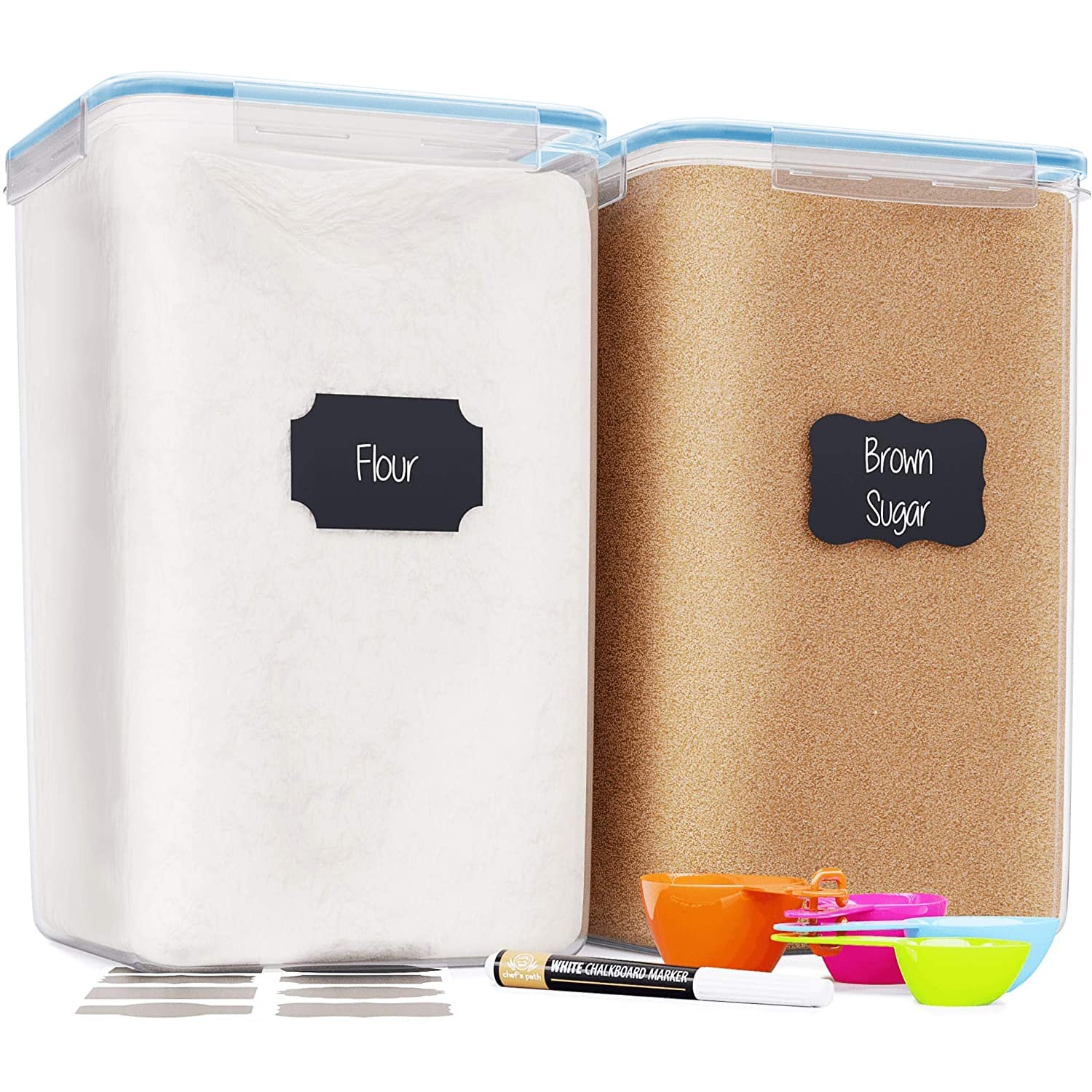 Chef's Path Kitchen Storage Box Set of 4 Extra Large Airtight Food Storage Jars for Sugar Flour Cereal Rice - Measuring Spoons, Pen and Food Preservation Labels (5.2 L)
