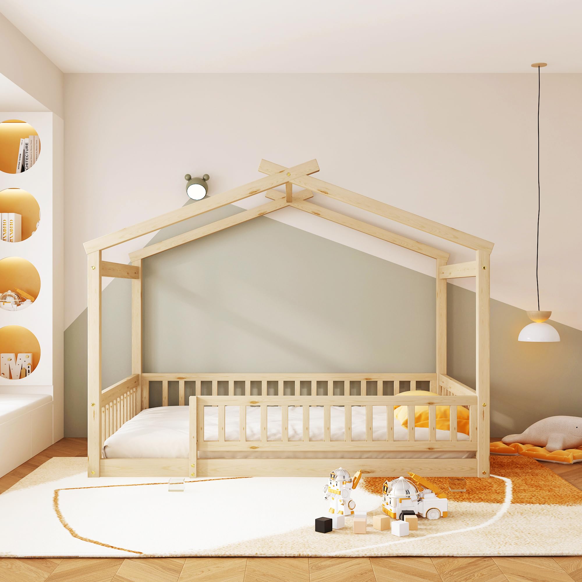 Merax Twin Size Wooden House Bed with Two Drawers, Wood Bed Frame with Roof for Kids, Teens, Boys or Girls, Grey