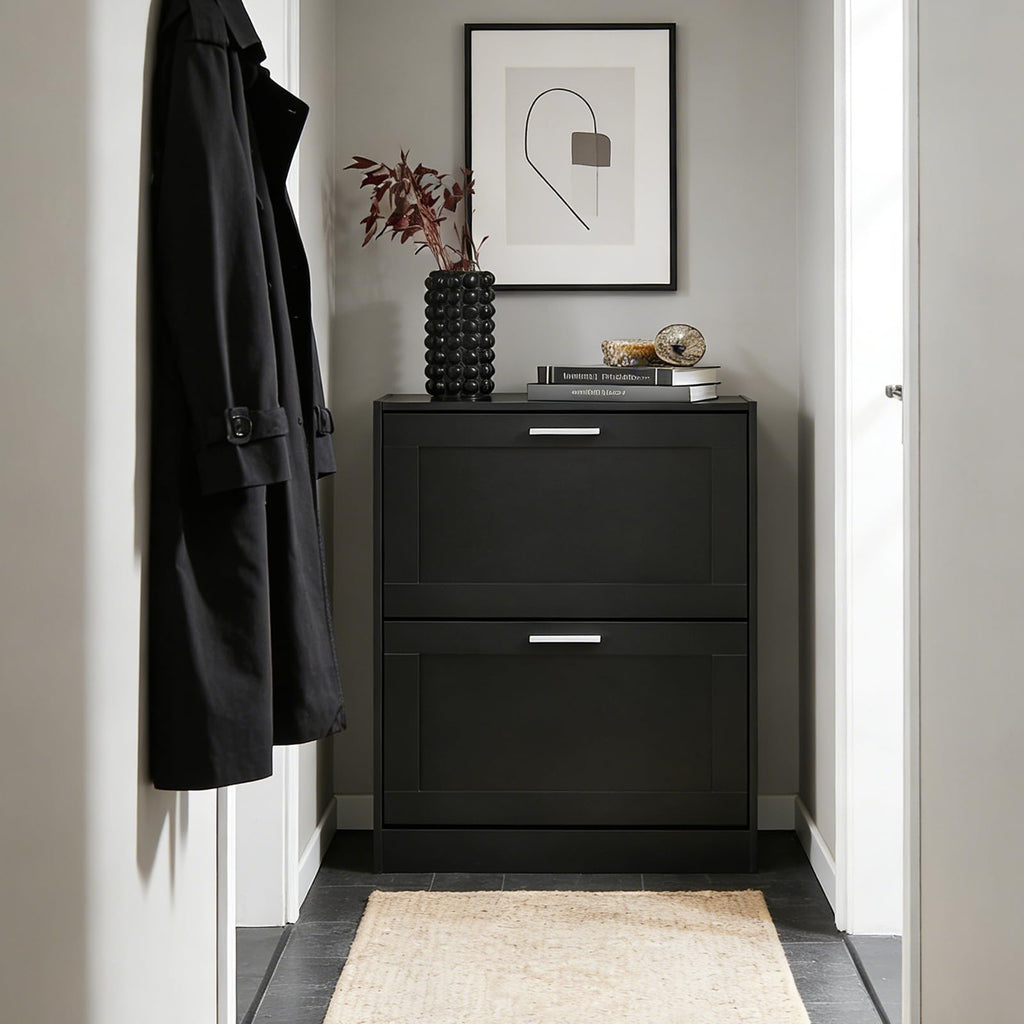 Haotian Shoe Cabinet Storage for Entryway, Narrow Shoe Cabinet with Two Flip Drawers to Save Space, Shoe Rack Cabinet for Front Door Entrance Hallway (Black)