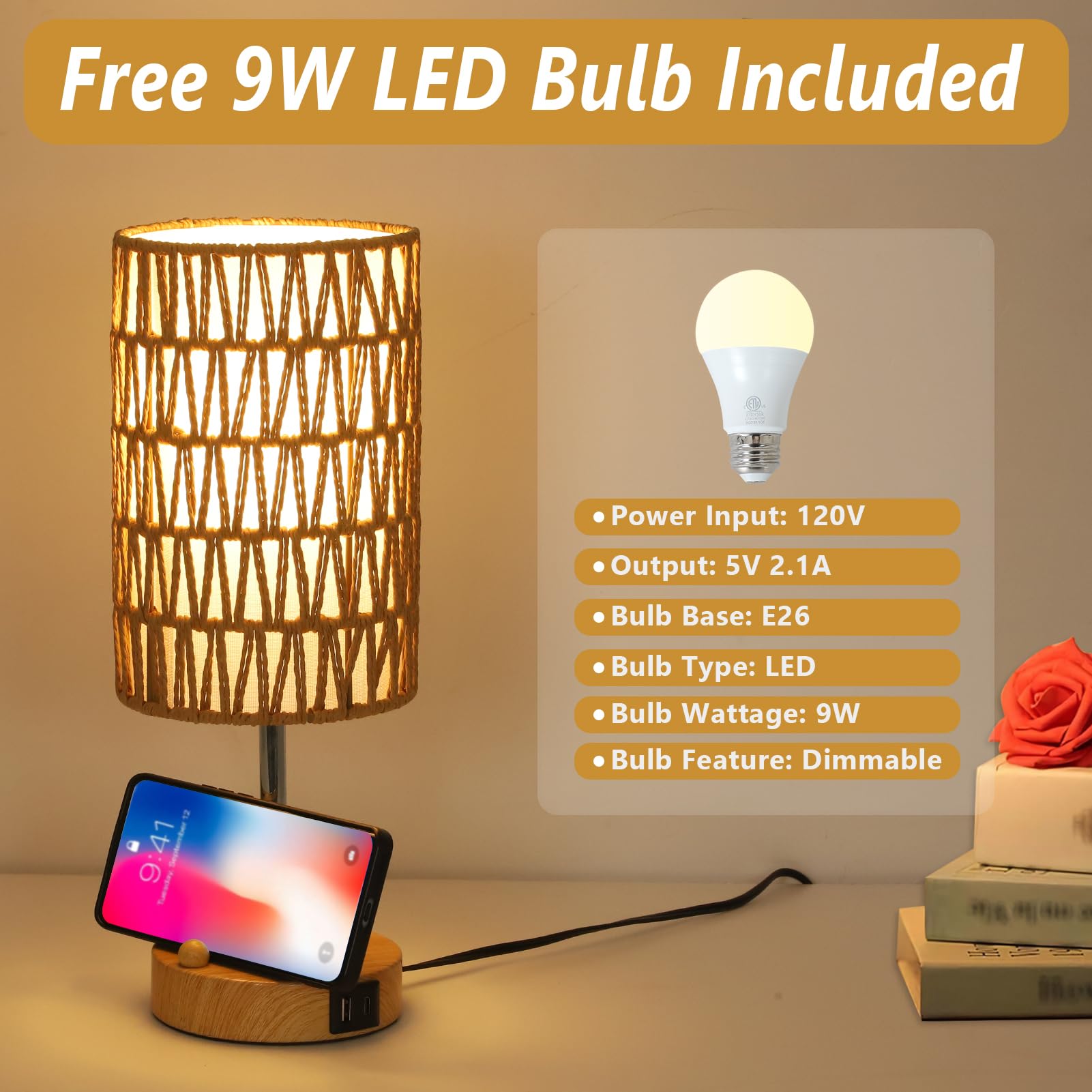 Rattan Bedside Table Lamps Set of 2 - Boho Lamps With 3 Color Temperatures & USB AC Port, Pull Chain Table Lamp For Bedroom, Cute Small Lamp For Nightstand Office Desk Bed Side End Table Living Room