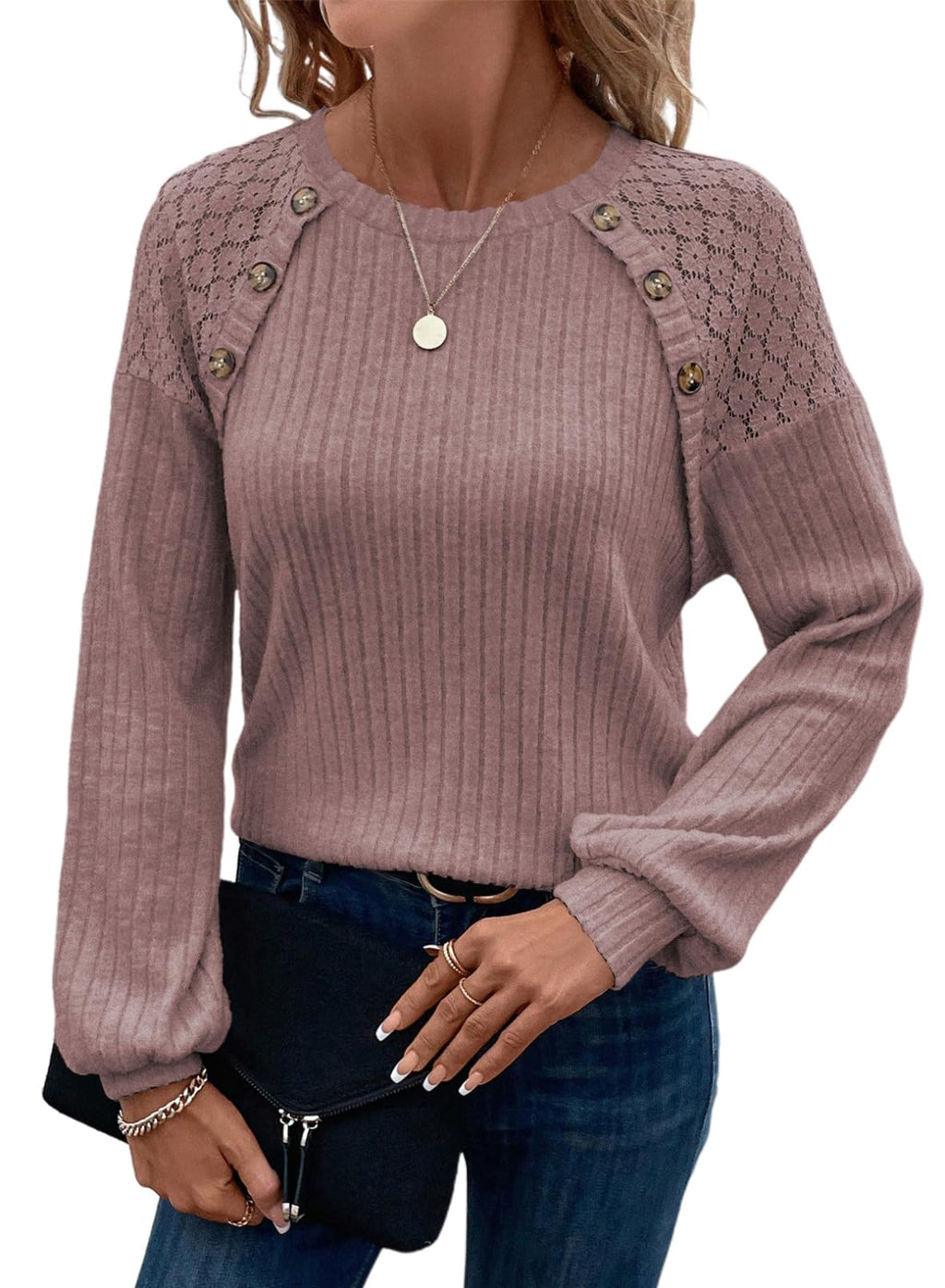 Acelitt Womens Fall Long Sleeve Tunic Tops Casual Crew Neck Dressy Shirt Lace Patchwork Blouses Pullover Sweaters