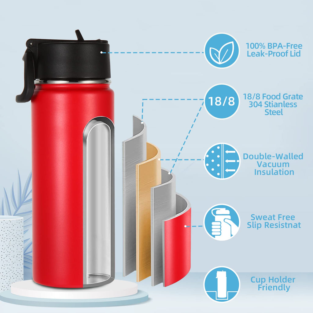Volhoply Kids Insulated Water Bottle with Straw,16oz Stainless Steel Cold Water Bottles for School,BPA-Free Metal Wide Mouth Cups with Handle Lid,Reusable Double Wall Vacuum Sport Flask(Black,1)