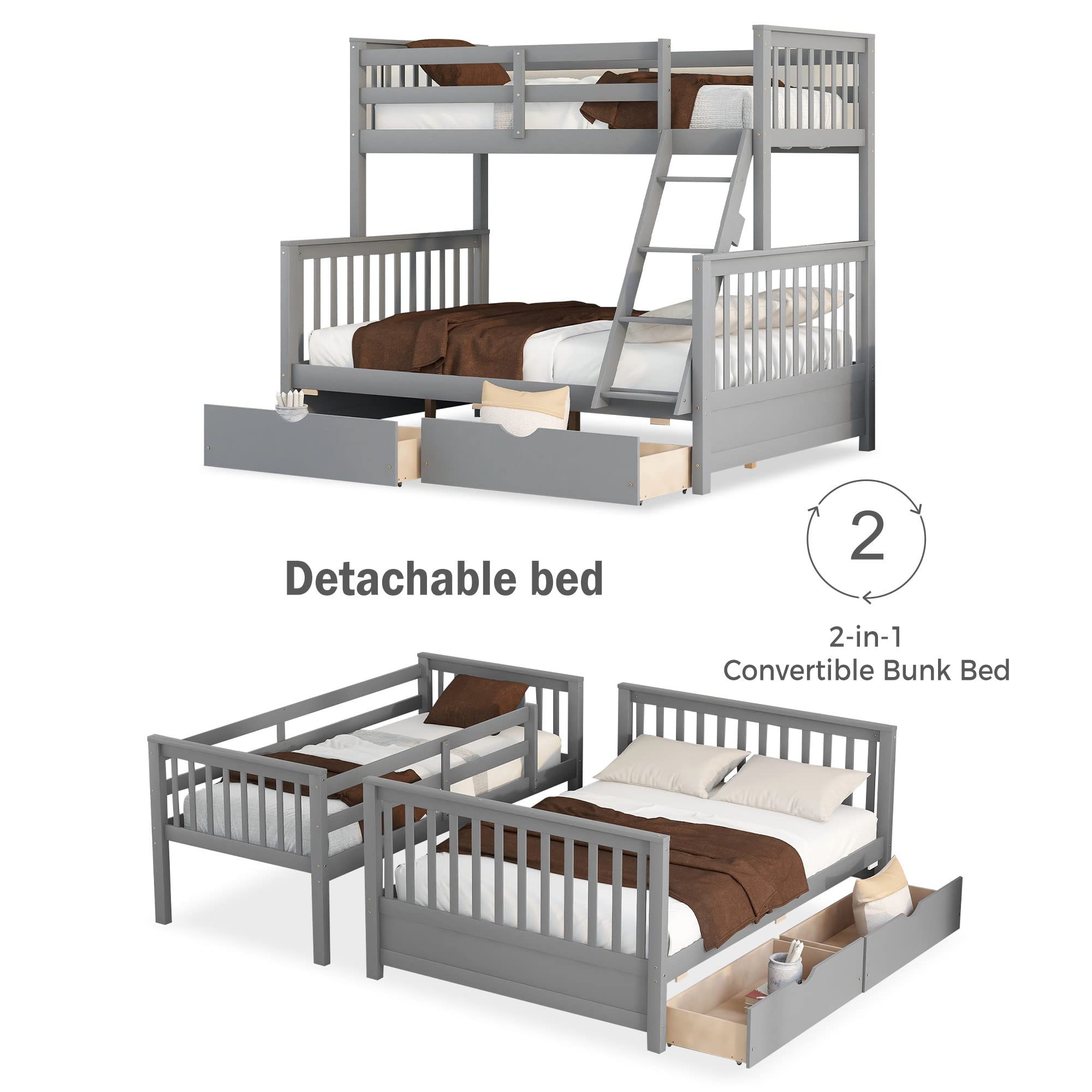 Merax Wood Bunk Bed with Two Drawers,Convertible Wood Bunk Bed with Ladders and Two Storage Drawers,Solid Wood Detachable Bed Frame with Ladders, Twin Over Full Size, Espresso