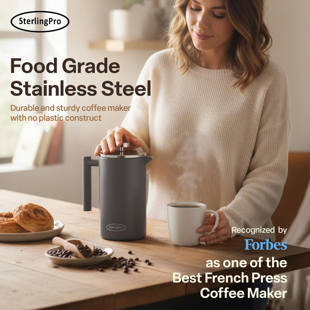 SterlingPro Stainless Steel French Press Coffee Maker 1 L (34 oz) Black – Double Walled Insulated Large Coffee Press, Durable Design Keeps Drinks Hot, Easy to Use and Clean for Rich Flavor Brewing