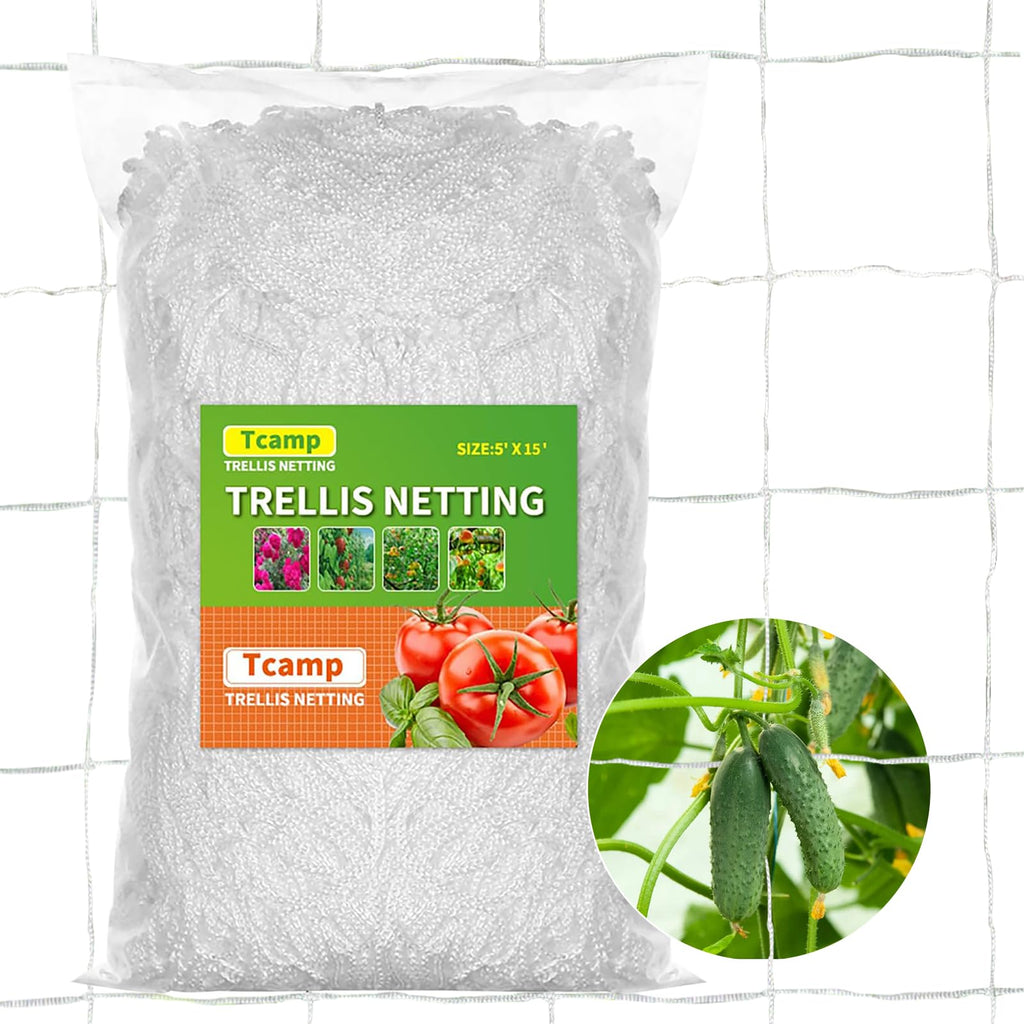 Tcamp Heavy-Duty Polyester Garden Trellis Netting Plant Climbing Net for Growing Vines Plants Vegetables Fruits Flowers, White Grow Tent (5Ft x15Ft, 3.5" Opening Mesh, 1 Pack)