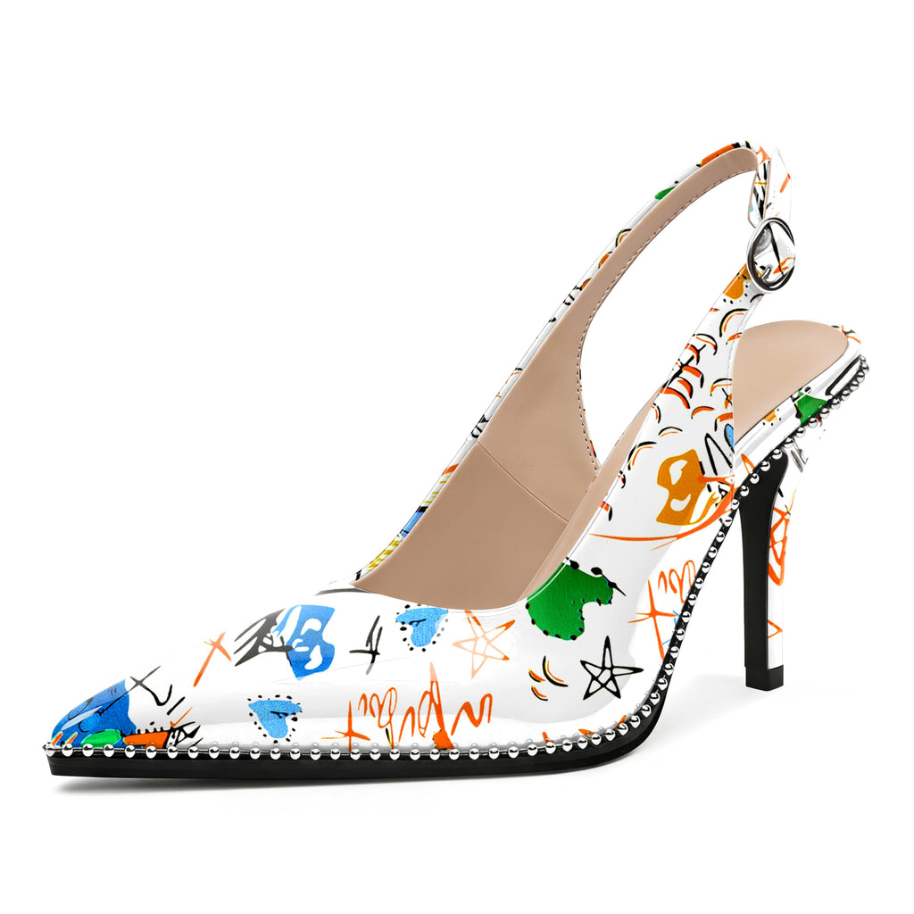 Zamikoo Women Beaded Pumps High Heel Slingback Pointed Toe Slip On 3.5 Inch Stilettos Ankle Strap Adjustable Buckle Patent Leather US Size 5 -Size 13
