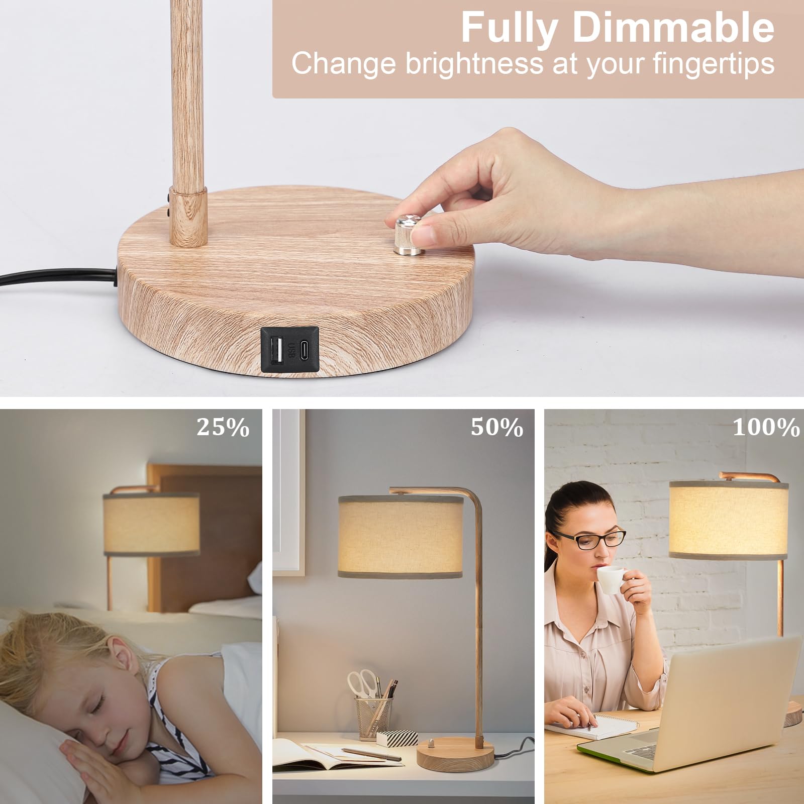 Table Lamps Set of 2, Fully Dimmable Bedside Lamp with USB C+A Charging Ports, Modern Nightstand Lamps with Linen Fabric Shades, Tall Desk Lamp for Bedroom, Living Room, Office, LED Bulb Included