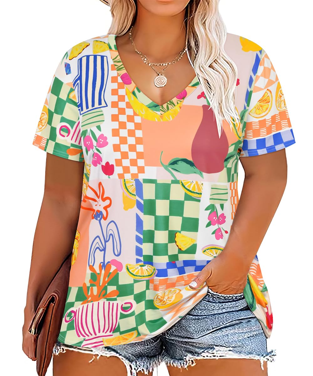 CARCOS Womens Plus Size Tops Short Sleeve Shirts V Neck Tunic Floral/Aniaml Blouses XL-5X