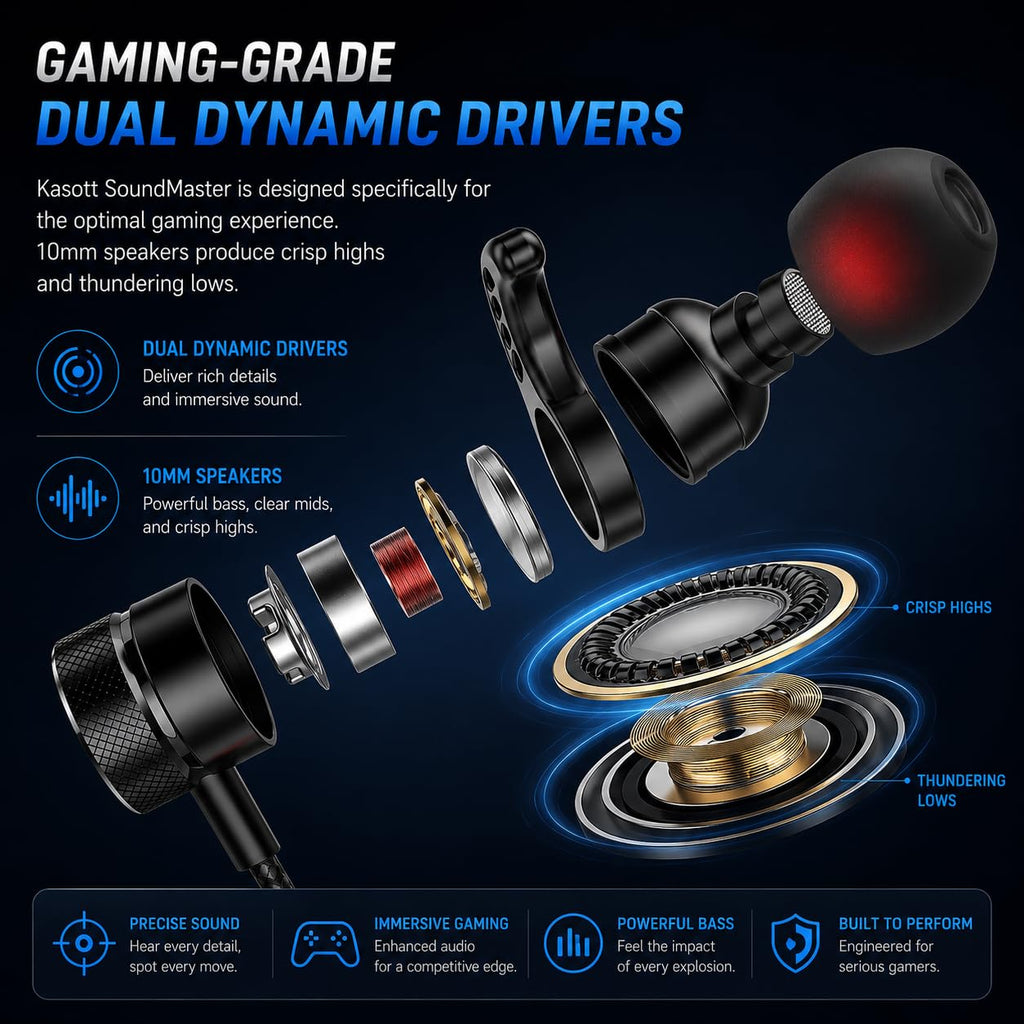 KASOTT SoundMaster Pro V1 - Gaming Earphones with Dual Audio Drivers,Battle Buds,in-Line Mic with Mute and Volume Control, Compatible with Xbox Series,Xbox One,PS5,PS4,Switch,Pc with 3.5mm Aux