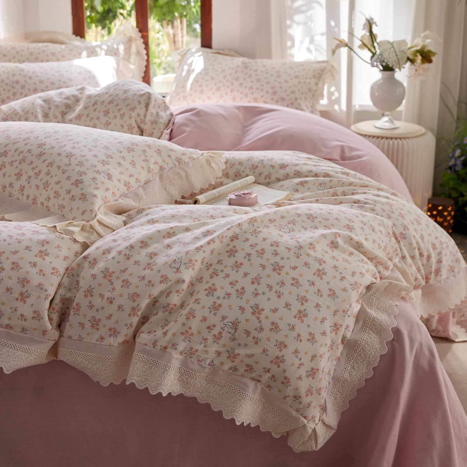 Pink Flower Duvet Cover Twin Chic Floral Print Ruffle Duvet Cover Cotton Lace Comforter Cover Country Style Floral Bedding Set Romantic Ruffle Comforter Cover Flower Bedding Cover with 2 Pillowcases