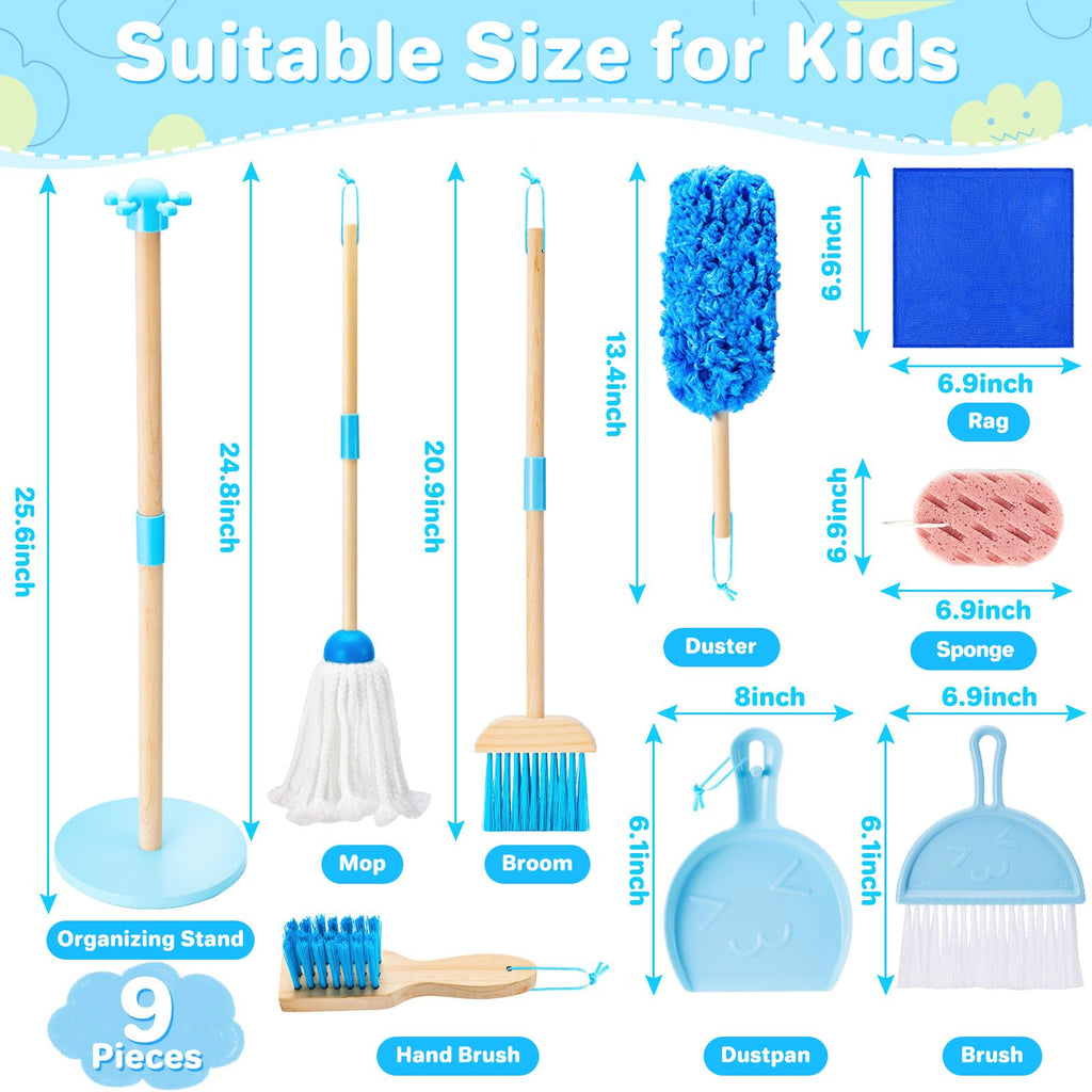 WHOHOLL Wooden Kids Cleaning Toy Set Toddler Broom and Dustpan Set for Housekeeping 9 Pcs Broom and Mop Set for Toddlers 3-6, Cleaning Toys with Sponge, Christmas Birthday Gifts for Boys Girls