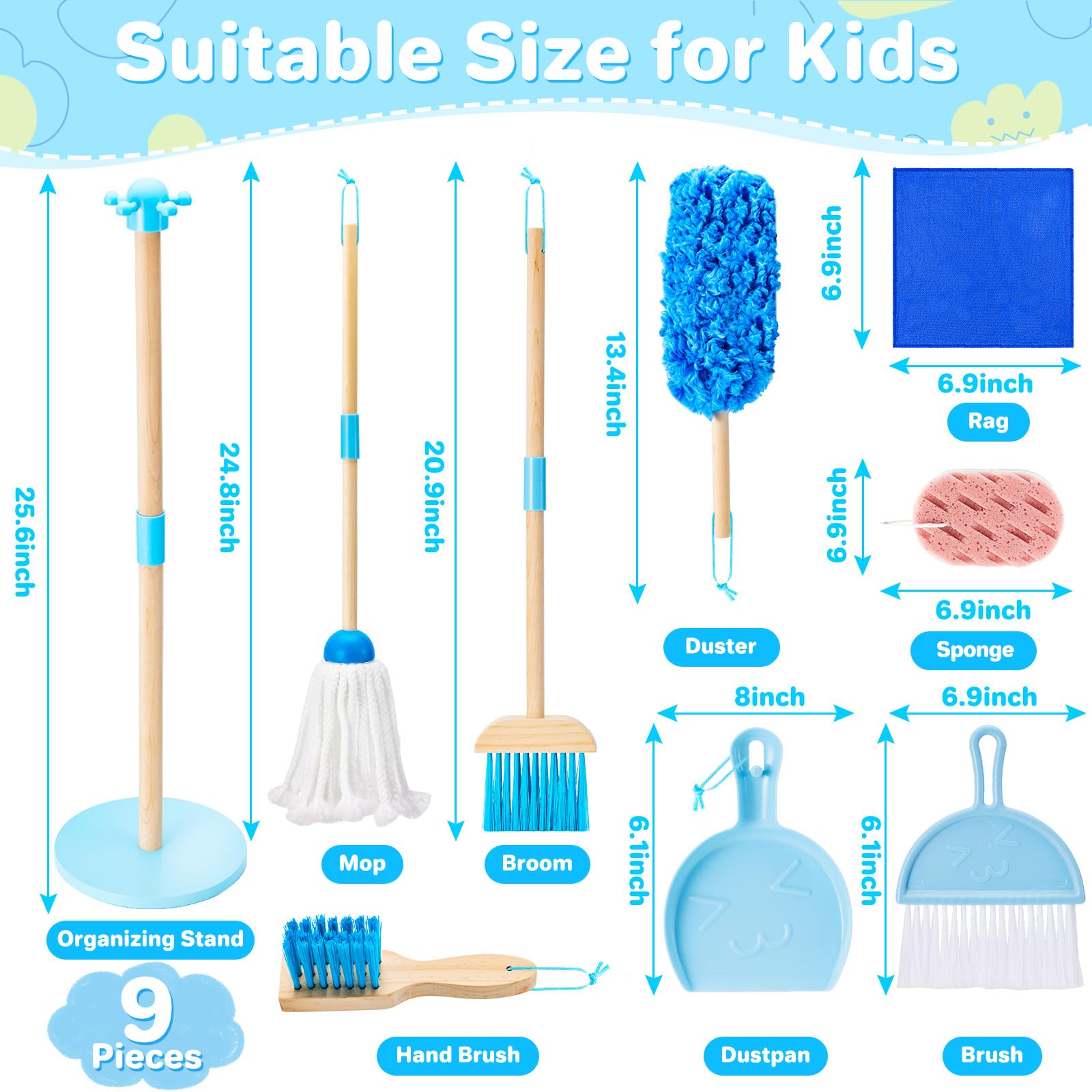 WHOHOLL Wooden Kids Cleaning Toy Set Toddler Broom and Dustpan Set for Housekeeping 9 Pcs Broom and Mop Set for Toddlers 3-6, Cleaning Toys with Sponge, Christmas Birthday Gifts for Boys Girls