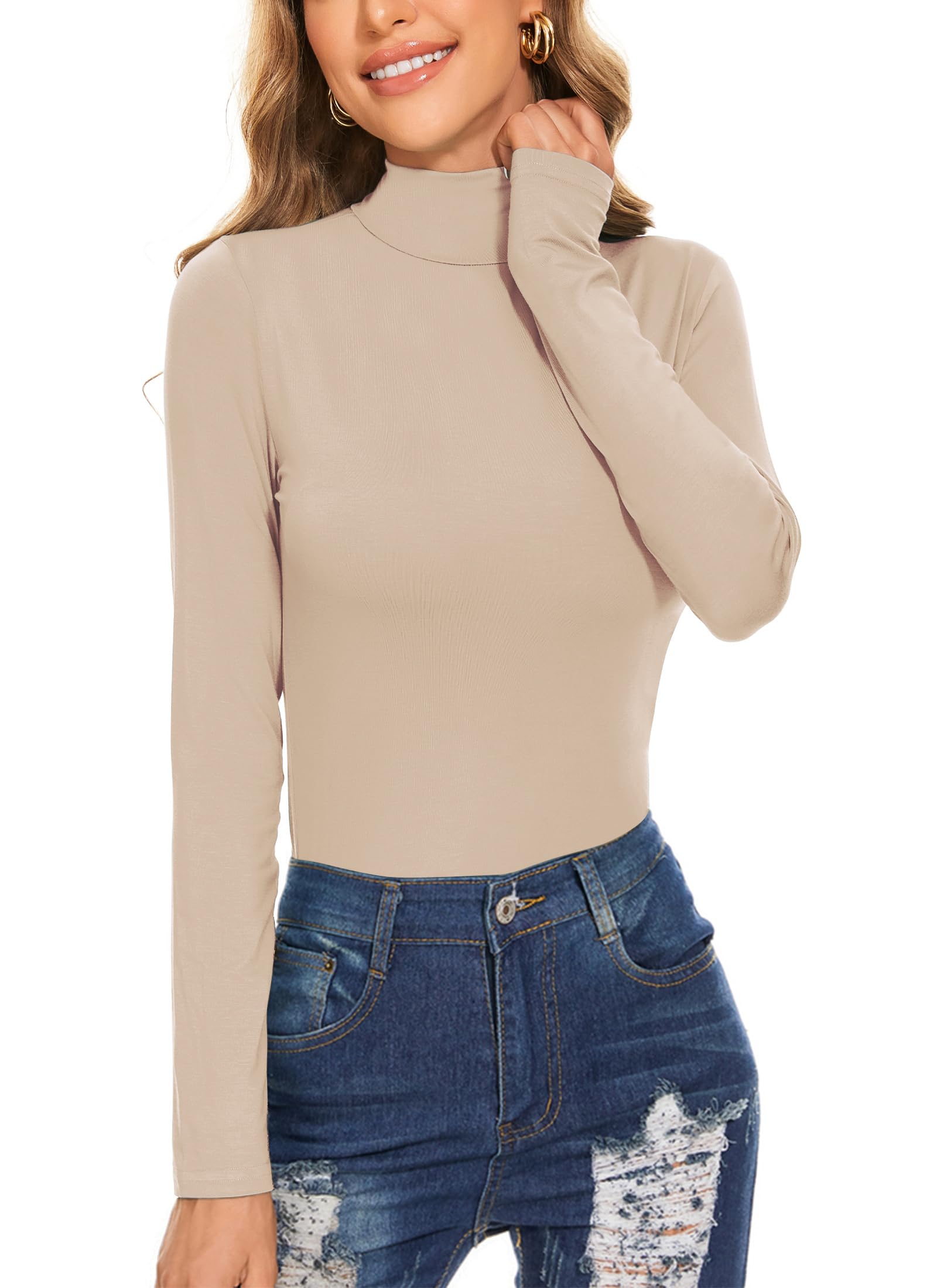Women's Long Sleeve Mock Turtleneck Tops Casual Slim Fitted Lightweight Under Layer Pullover Shirts