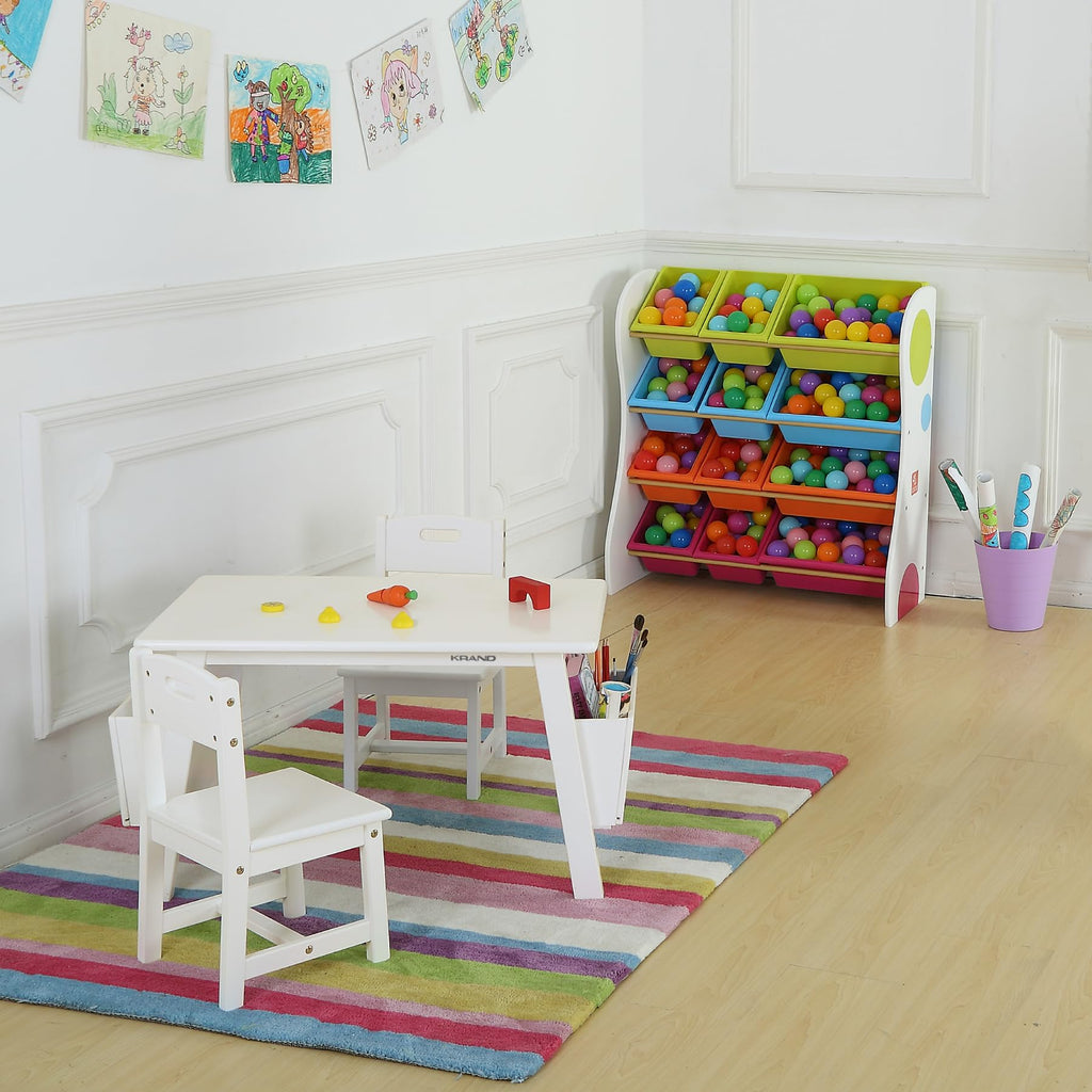 Kids Solid Wood Table and 2 Chair Set with Built-in Storage Cases Children's Storage Table and Chair Set for Toddlers Boys and Girls (Bianca White)