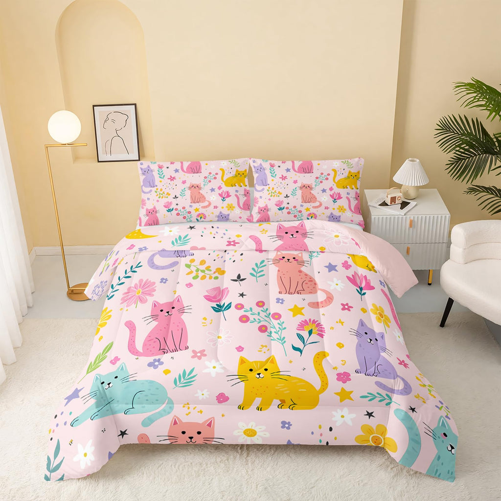 QOOMO Floral Cat Comforter Twin Size,Pink Cat Bedding Set for Kids Teens Girls,3Pcs Bedding Set Printed Comforter with 2 Pillowcases,Down Alternative,Soft and Lightweight(Pink，Twin Size)