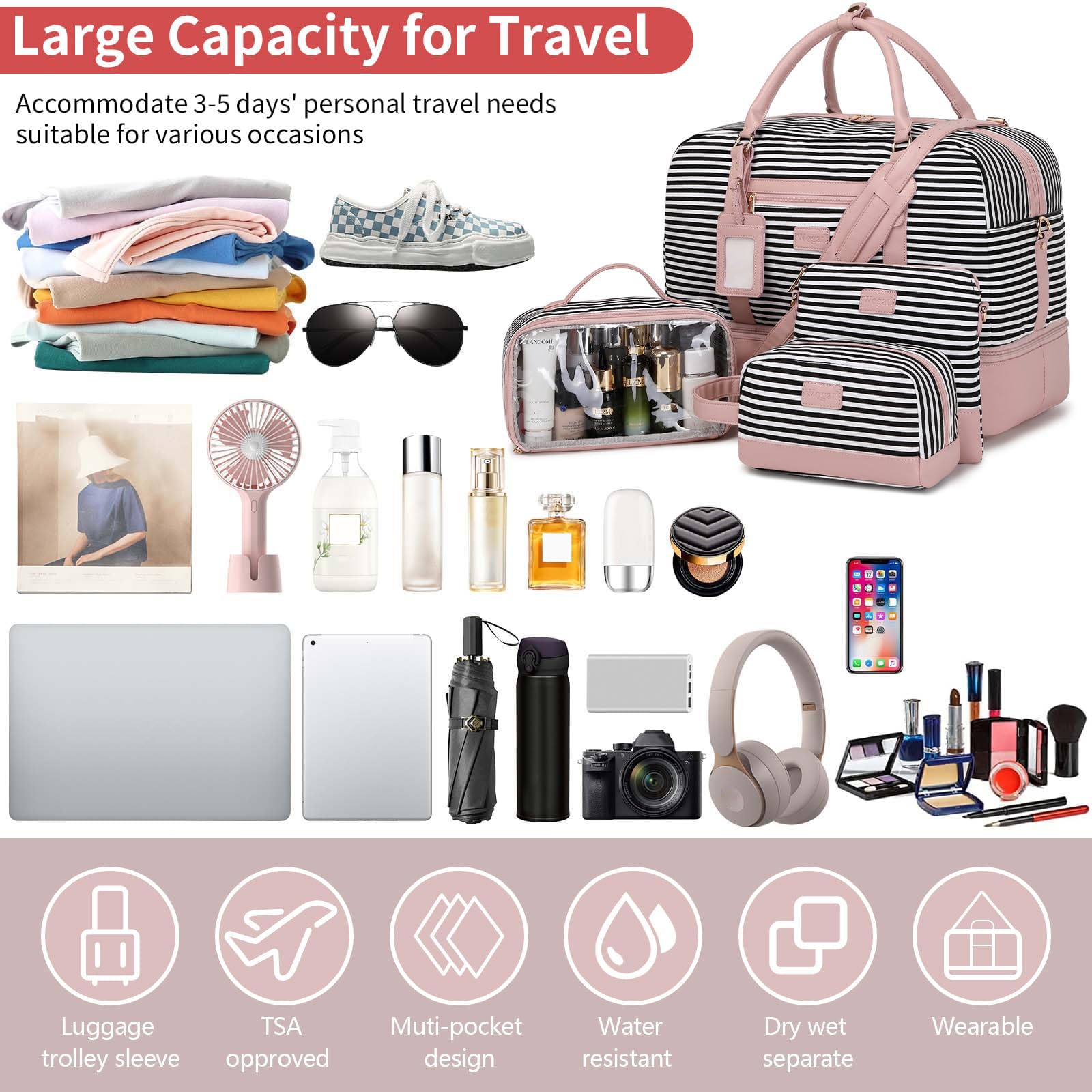 Wogarl 4PCS Weekender Bags for Women Large Overnight Weekend Travel Duffel Carry on Shoulder with Shoe Compartment Canvas Toiletry Bag for Travel Business Gym