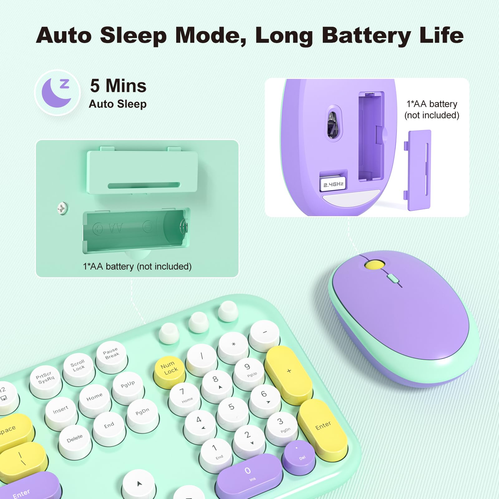 MOFII Wireless Keyboard and Mouse Combo, Compact Typewriter Retro Round Computer Keyboard and Mouse Set, Plug and Play, for Windows, Computer, Desktop, PC, Notebook - Black Green Gradient