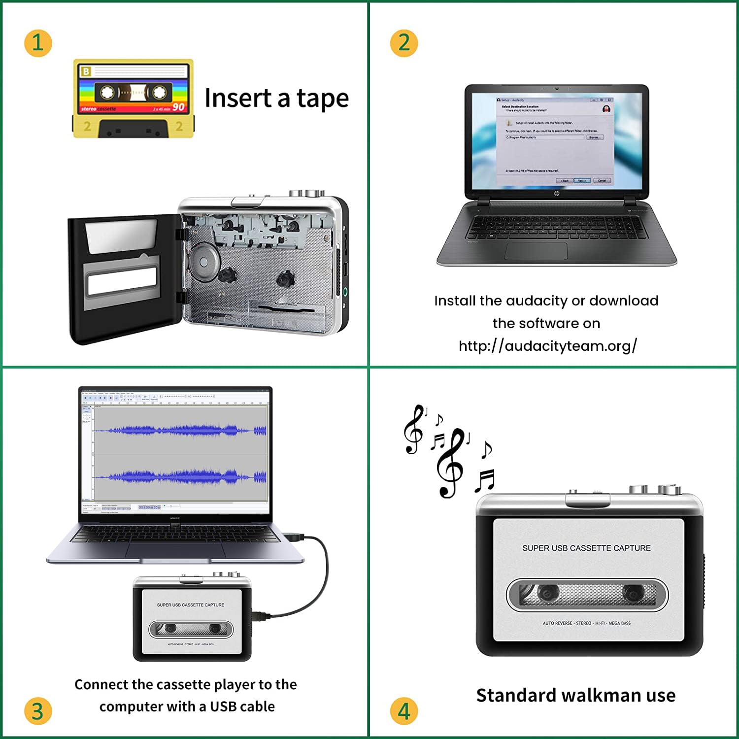 Reshow Cassette Tape Player – Portable Tape Player Audio Cassette to Digital Converter, Compatible with Laptops and Personal Computers Convert Cassette Tape Recorder to iPod Format (Silver)