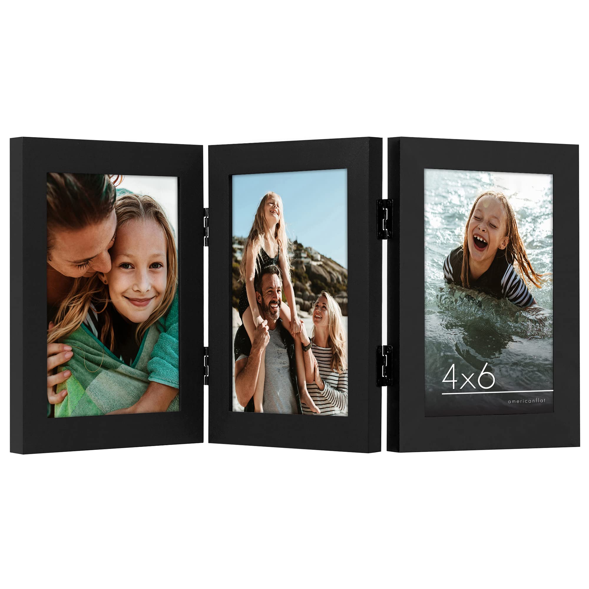 Americanflat Hinged 4x6 Picture Frame with Shatter-Resistant Glass - Double Picture Frames with Engineered Wood - Signature Collection - Photo Frame for Tabletop Display - Black