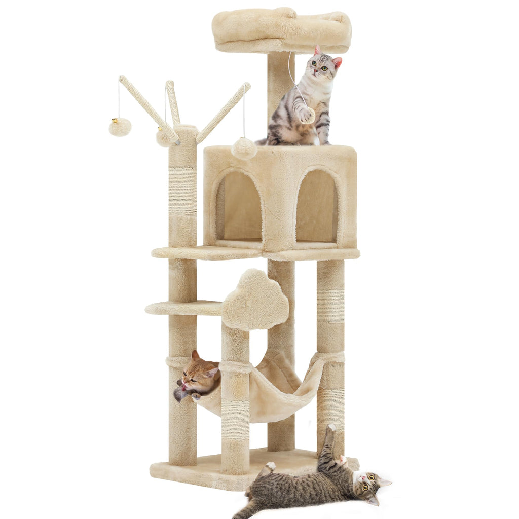 YITAHOME 44in Multi-Level Cat Tree for Indoor Kittens, Cat Furniture with Scratch Posts, Window Padded Plush Perch, Comfortable Hammock, and Interactive Pompoms, Beige