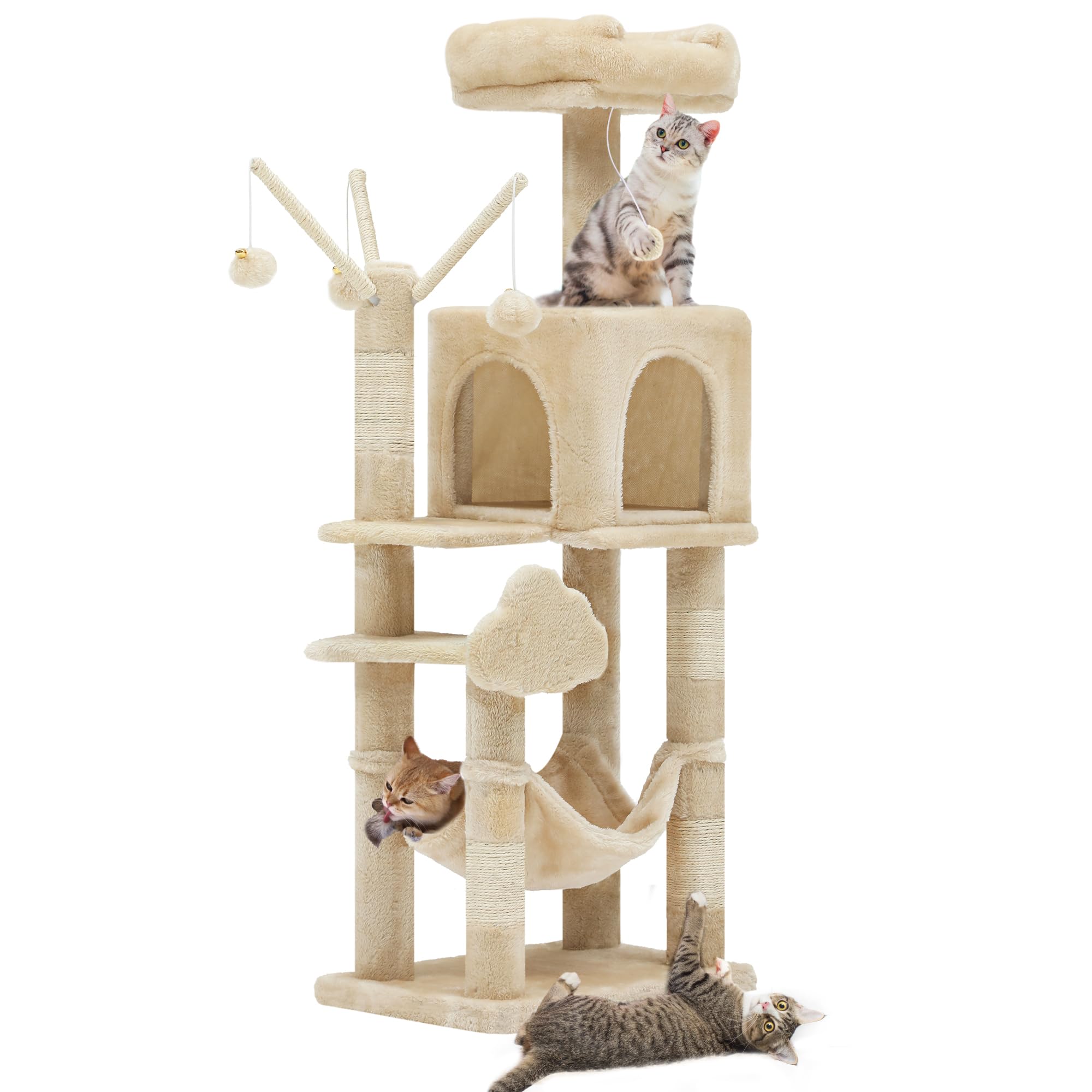 YITAHOME 44in Multi-Level Cat Tree for Indoor Kittens, Cat Furniture with Scratch Posts, Window Padded Plush Perch, Comfortable Hammock, and Interactive Pompoms, Beige