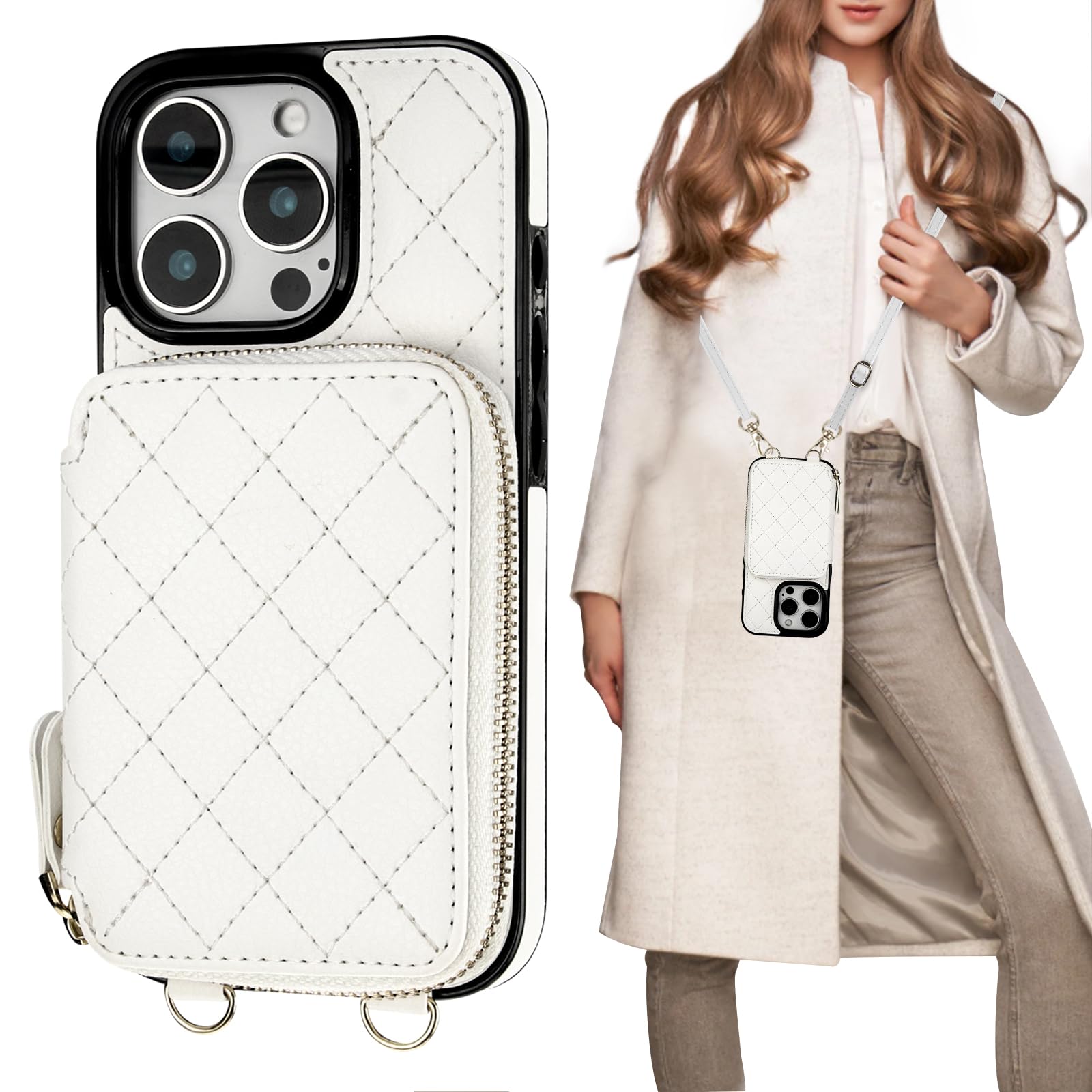 Bocasal Crossbody Wallet Case for iPhone 16 Pro, RFID Blocking PU Leather Zipper Handbag Purse Flip Cover, Kickstand Folio Case with Card Slots Holder Wrist Strap Lanyard 5G 6.3 Inch (Black)