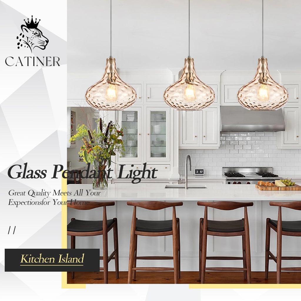 Glass Large Pendant Lights for Kitchen Island Blown Glass Pendant Light Clear Hammered Shade Hanging Ceiling Lights with Black Finish for for Kitchen Island, Sink, Hallway, Living Room 11 inch