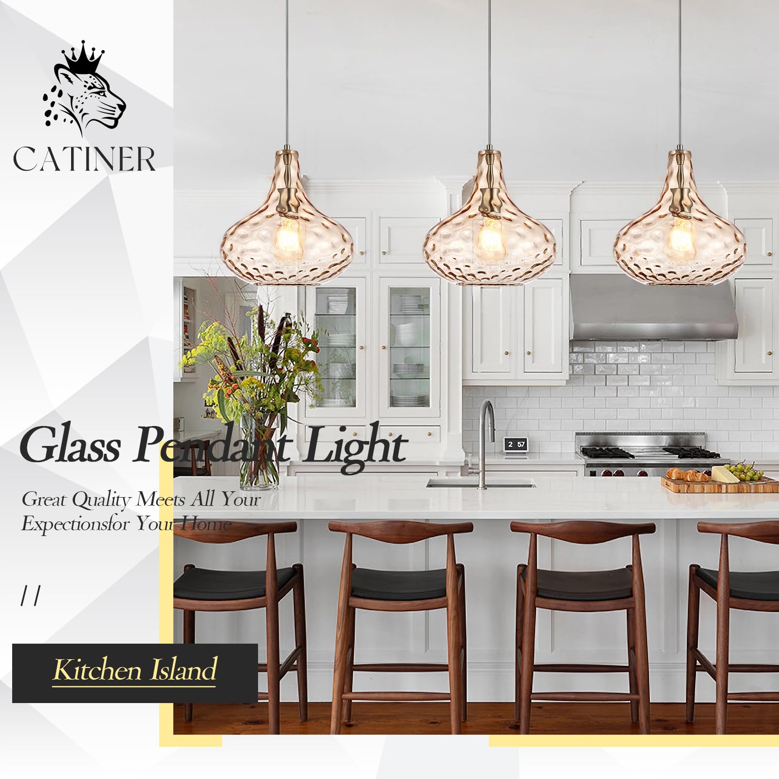 Glass Large Pendant Lights for Kitchen Island Blown Glass Pendant Light Clear Hammered Shade Hanging Ceiling Lights with Black Finish for for Kitchen Island, Sink, Hallway, Living Room 11 inch