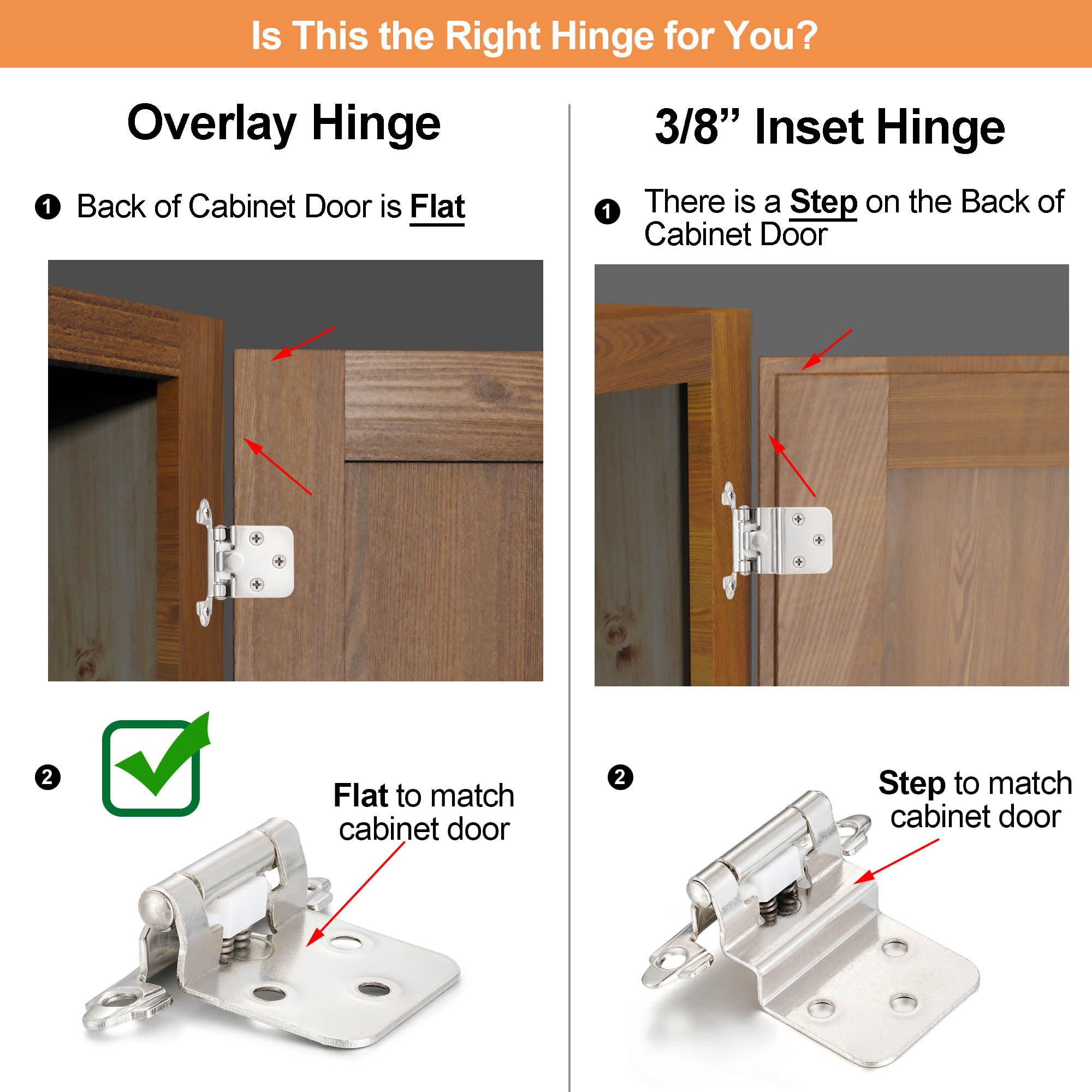 4 Pack (2 Pairs) Antique Brass Self Closing Cabinet Hinges for Kitchen Cabinet Door, 1/2" Overlay (Variable) Semi Concealed Kitchen Cabinet Hinges