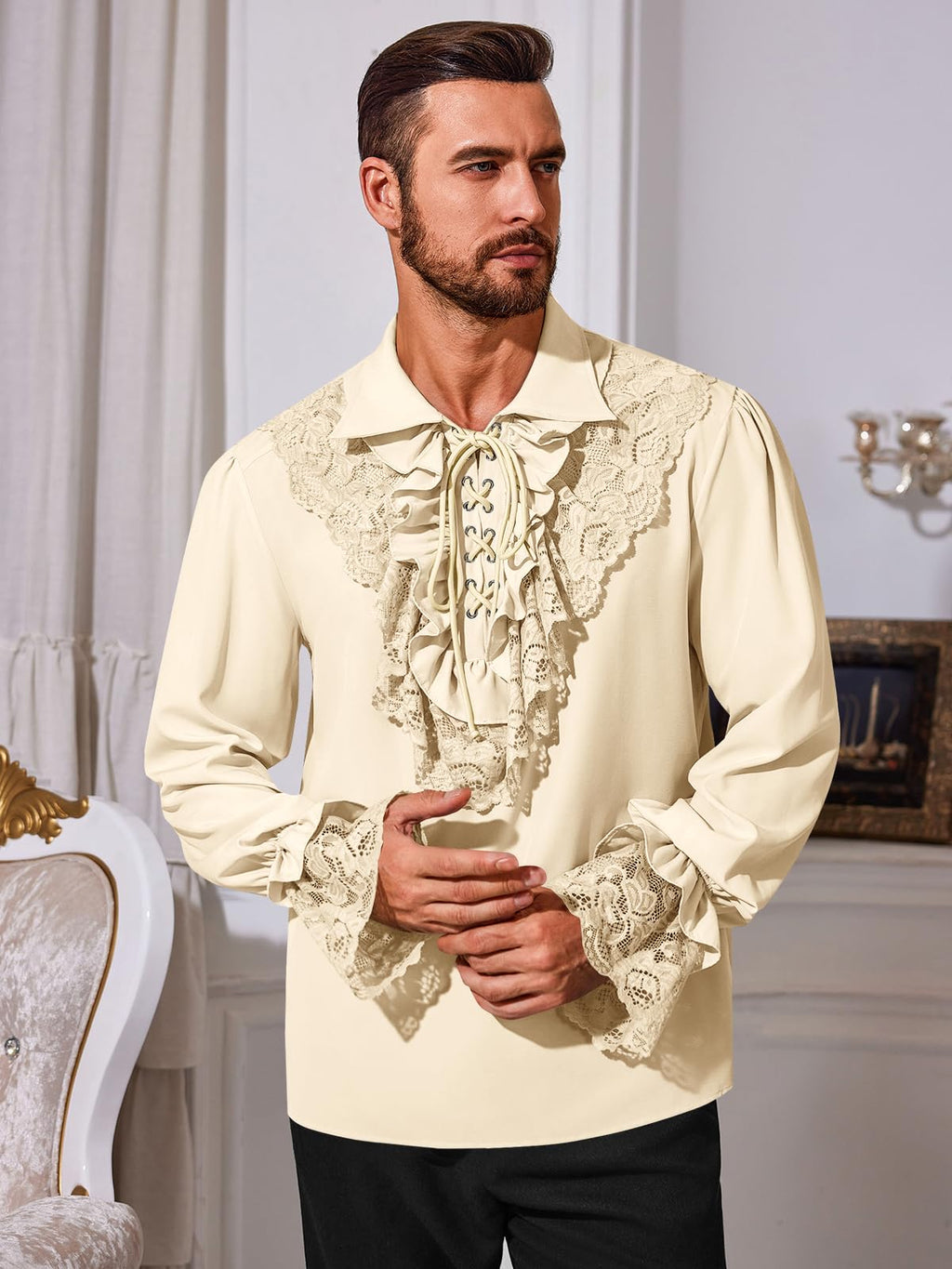 Runcati Mens Pirate Shirt Ruffle Renaissance Victorian Vampire Poet Shirts Steampunk Gothic Medieval Lace Costume