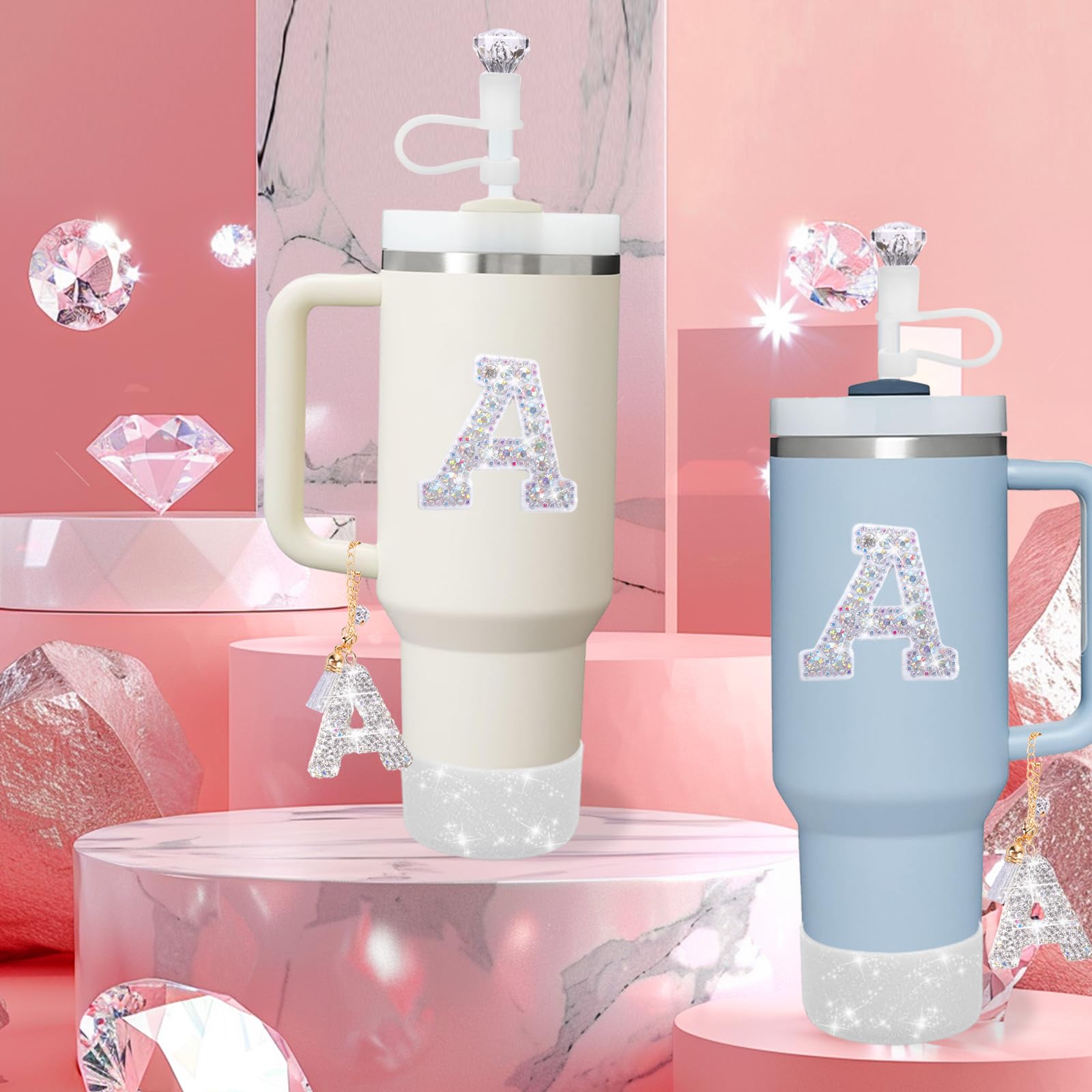 Mity rain Accessories Set for Stanley Cup, Initials Decorations for Tumbler Cup 30/40OZ, Including Diamond Straw Topper/Spill Proof Stopper/Sparkly Silicone Boot Set/Letter Charms for Handle A-Z (A-)