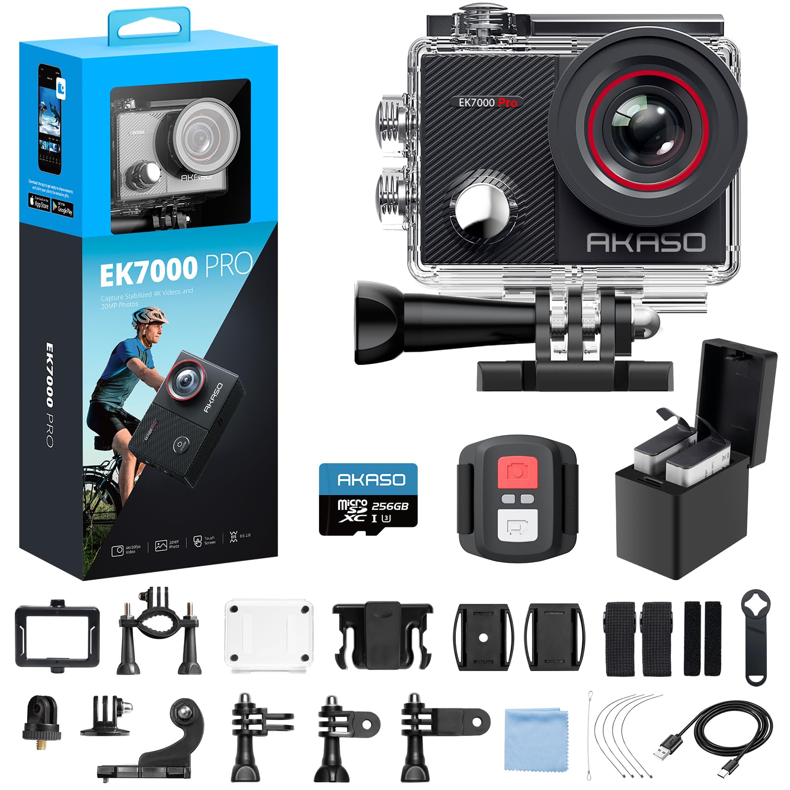 AKASO EK7000 Pro 4K30fps Action Camera with Touch Screen EIS 131ft Waterproof Underwater Camera Remote Control 5X Zoom with Helmet Accessories Kit (Standalone)
