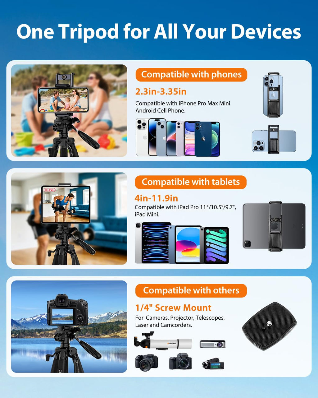 75" Camera Tripod, Aluminum Heavy Duty Camera Stand for ipad Phone, Travel Tripod with/Carry Bag/Phone Tablet Holder, Compatible with Canon Nikon Sony DSLR, Spotting Scopes, Max Load 15 Lb(Black)