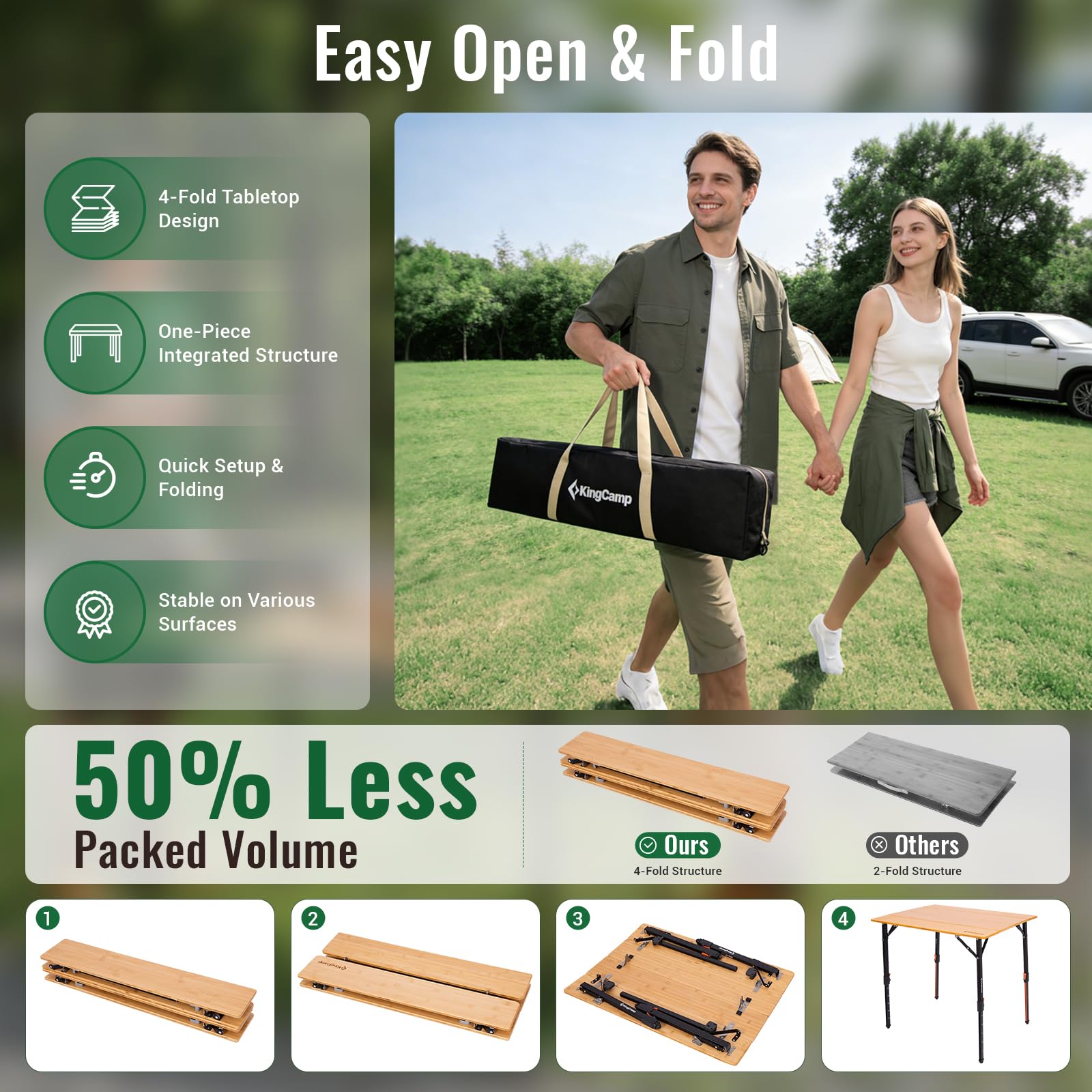 KingCamp Bamboo Folding Table, 4-Fold Camping Adjustable Height Portable Outdoor Lightweight & Compact Table with Aluminum Frame for RV Picnic BBQ Tailgating
