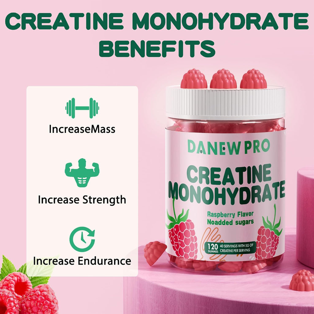NSF Certified Creatine Gummy 5g - Creatine Monohydrate Gummies for Men & Women, Creatine Monohydrate for Muscle Strength, Muscle Builder, Energy Boost, Pre-Workout Supplement(120 Count)-Raspberry