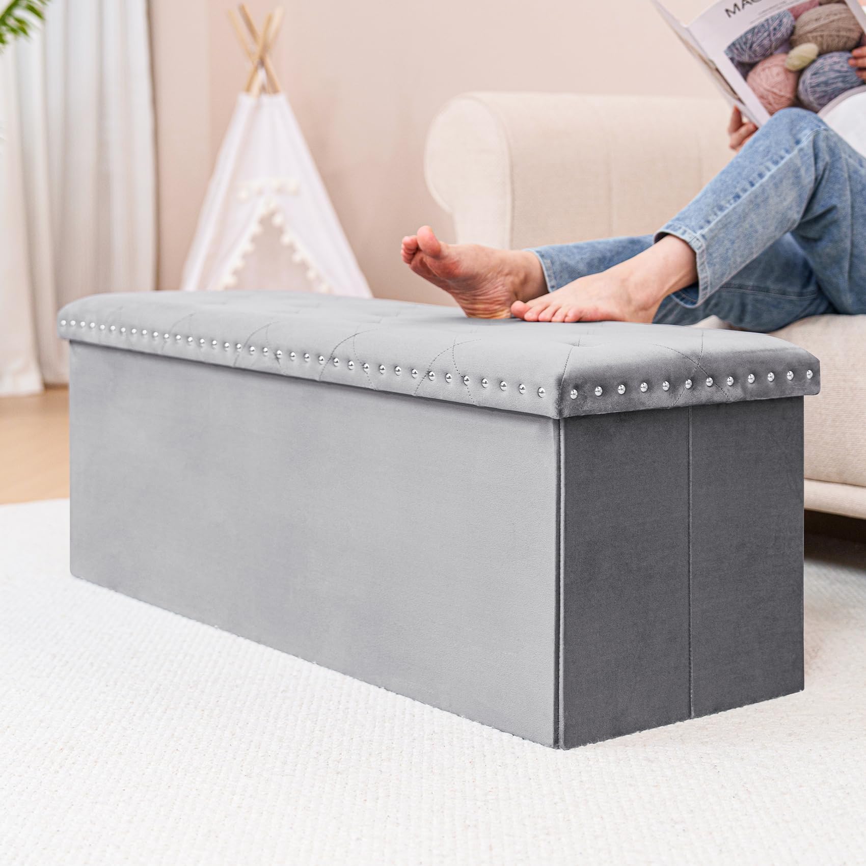 PINPLUS Folding Storage Ottoman Bench, Folding Velvet Tuffed Foot Rest Stool with Rivet, End of Bed Bench Large Long Shoes Chest for Bedroom Entryway Living Room, Beige, 41.3 Inches
