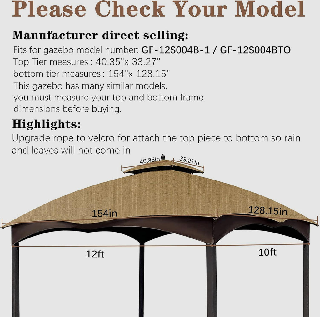 SCOCANOPY Replacement Top Compatible with The Lowe's Gazebo Model #GF-12S004B-1 / GF-12S004BTO (Grey Ripstop)