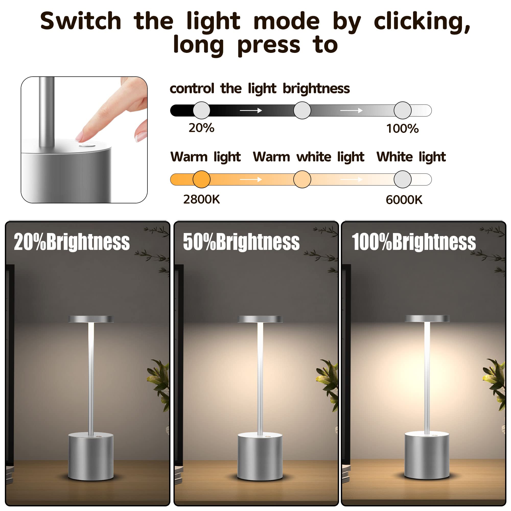 2Pack Cordless Table Lamp, Rechargeable LED Battery 5000mAh Metal USB Portable Powered Desk Lamp, 3 Levels Brightness Light for Restaurants Outdoor (2pack 10.25in Titanium)