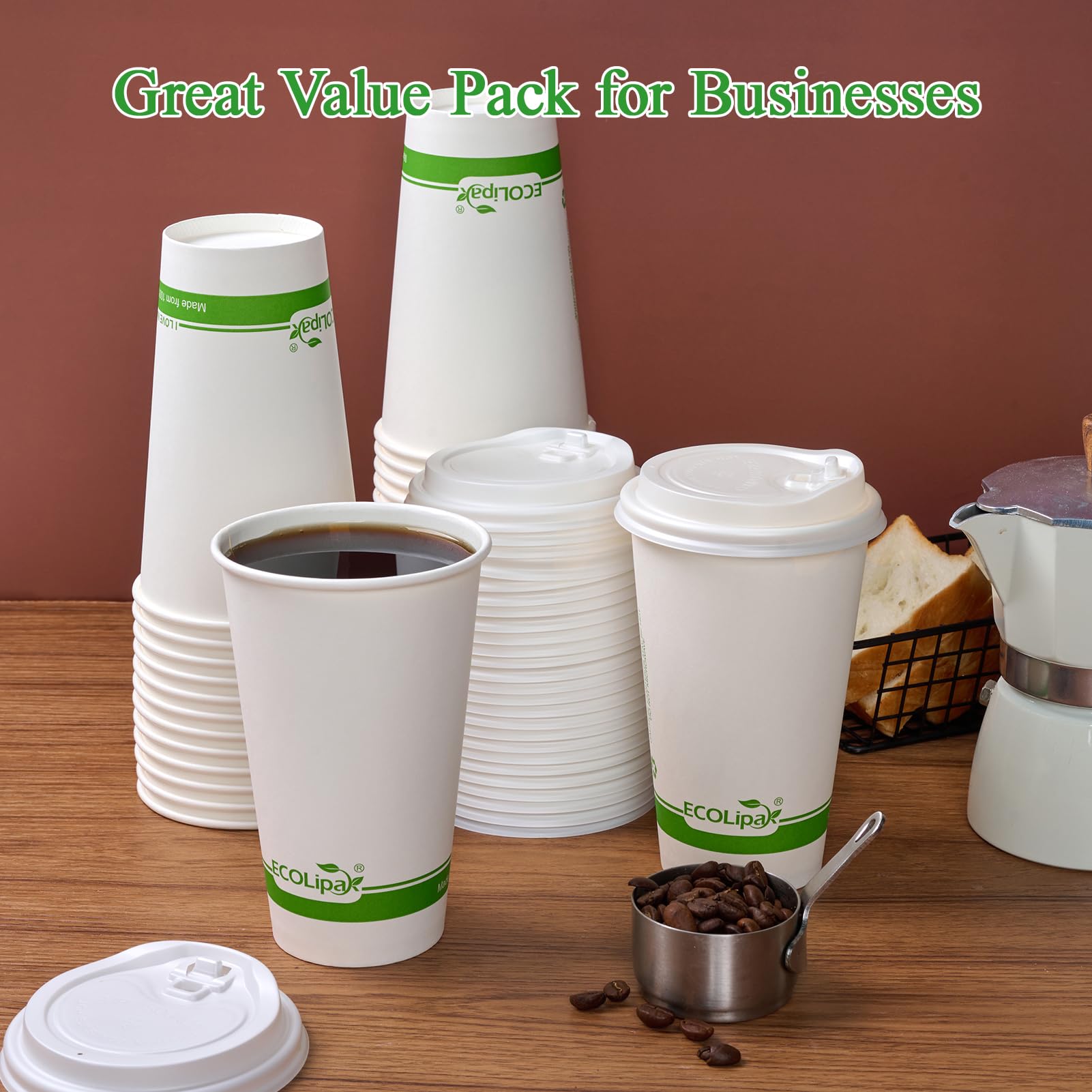 ECOLipak 100 Count 12 oz Compostable Paper Coffee Cups, Biodegradable Disposable Coffee Cups with CPLA Lid, Eco-friendly Hot Drinking Cups for Party, Picnic, Travel, and Events